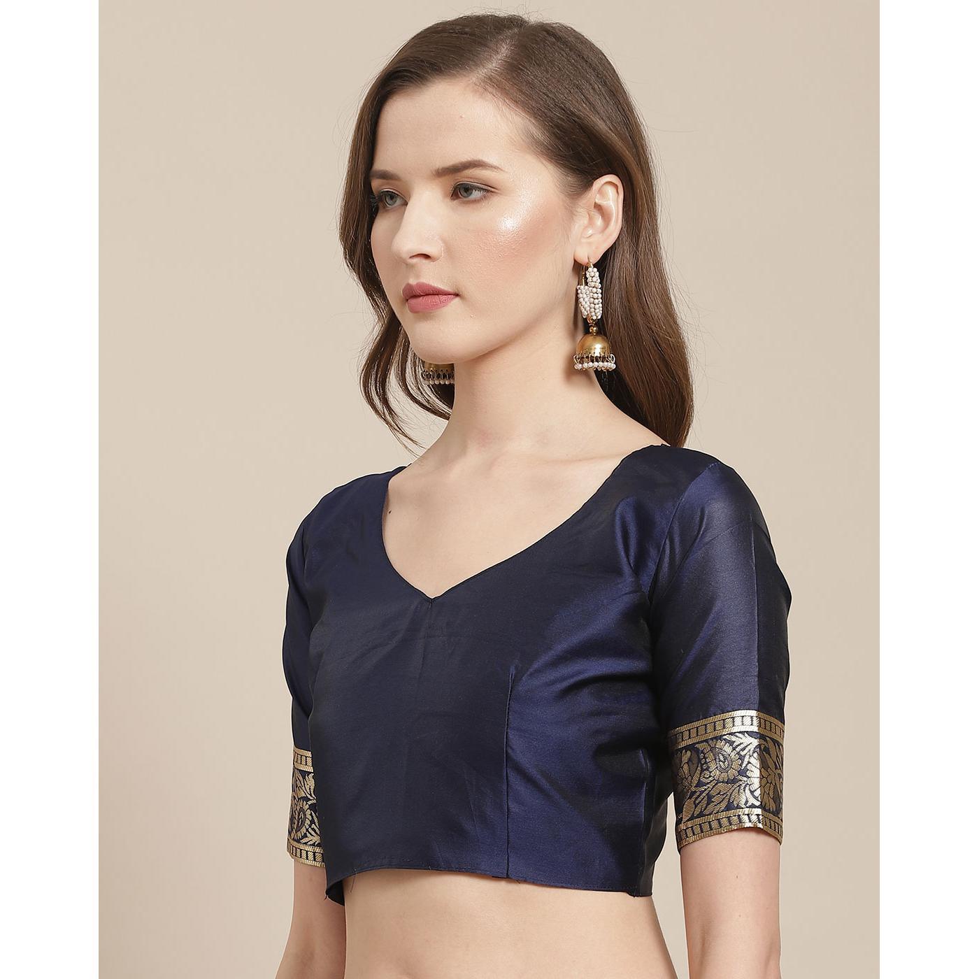 Glorious Navy Blue Colored Festive Wear Woven Silk Blend Saree - Peachmode