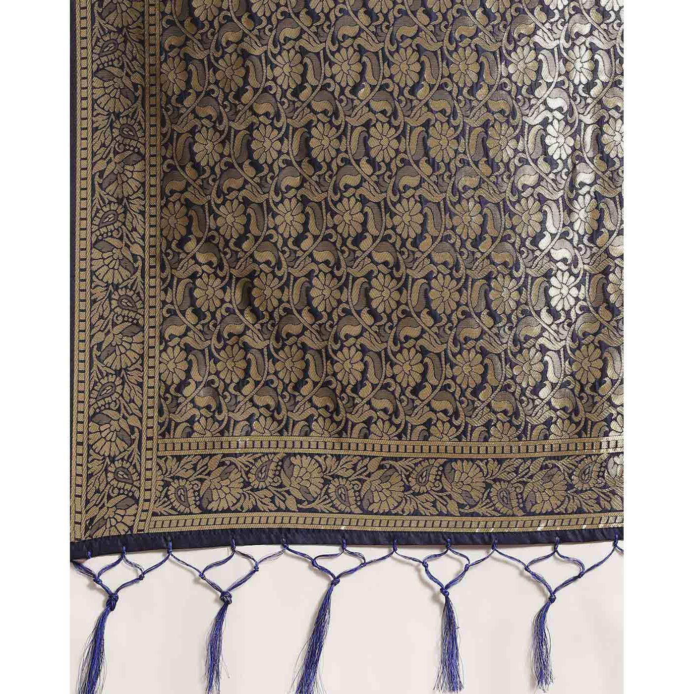Glorious Navy Blue Colored Festive Wear Woven Silk Blend Saree - Peachmode