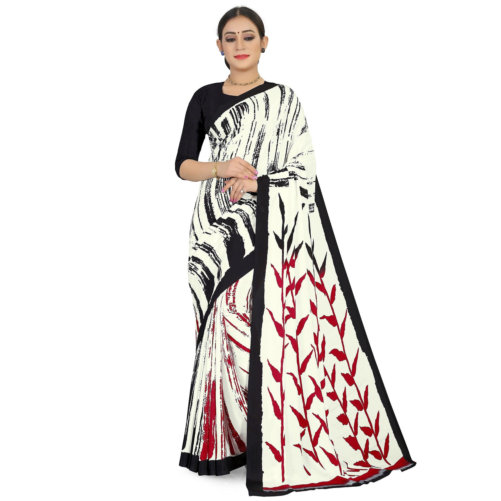 Glorious Offwhite Colored Casual Wear Printed Satin Saree - Peachmode