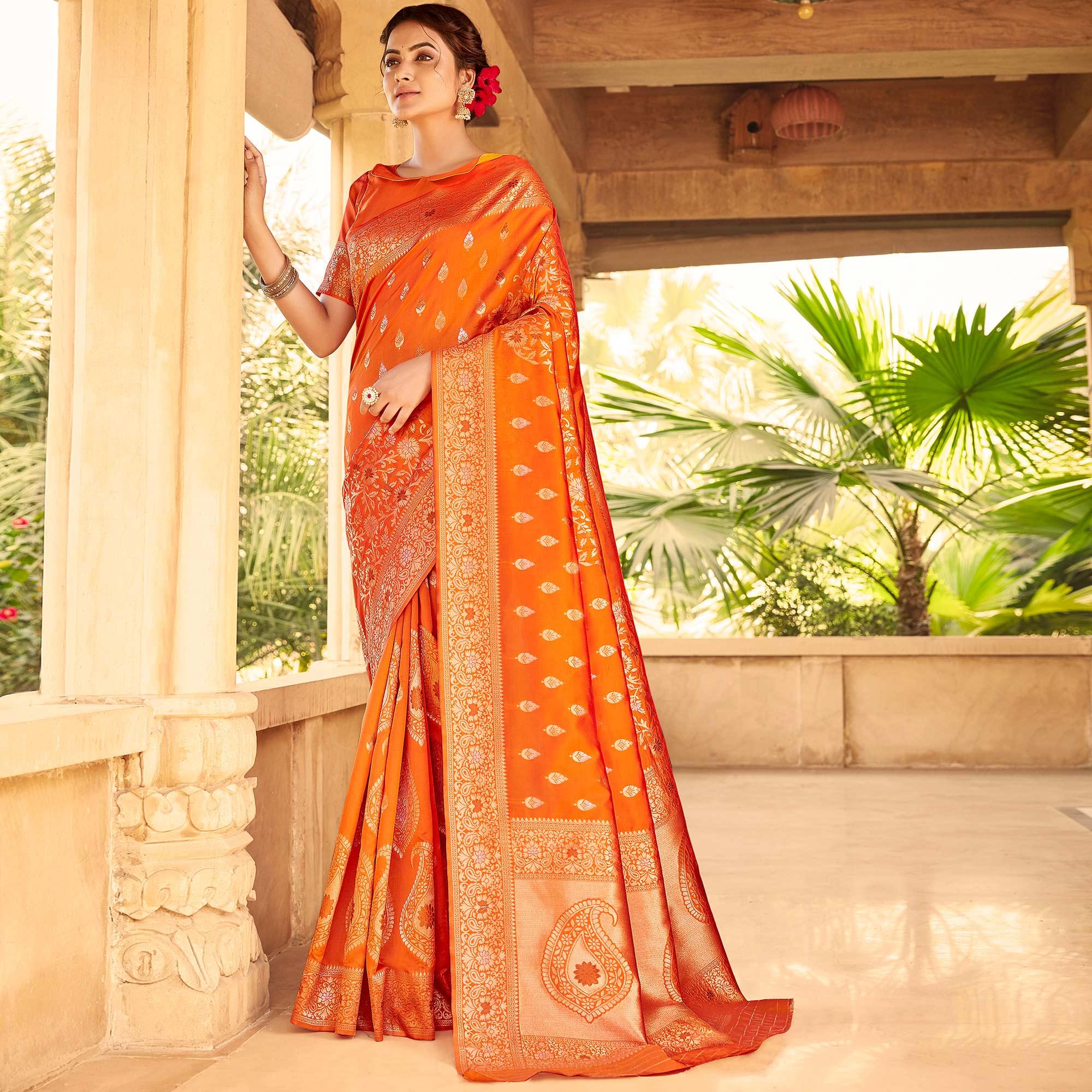 Glorious Orange Coloured Designer Partywear Weaving Silk Saree - Peachmode