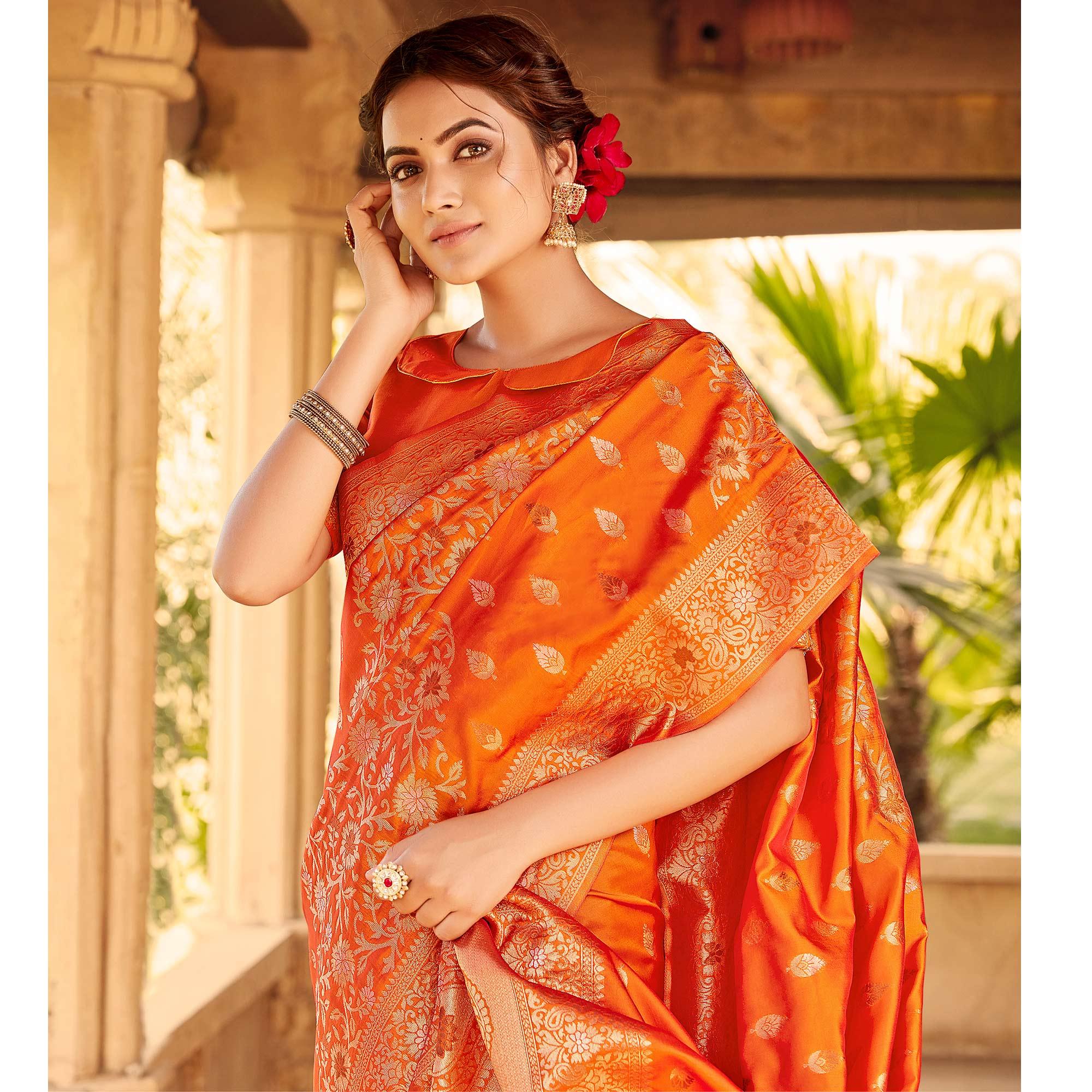 Glorious Orange Coloured Designer Partywear Weaving Silk Saree - Peachmode