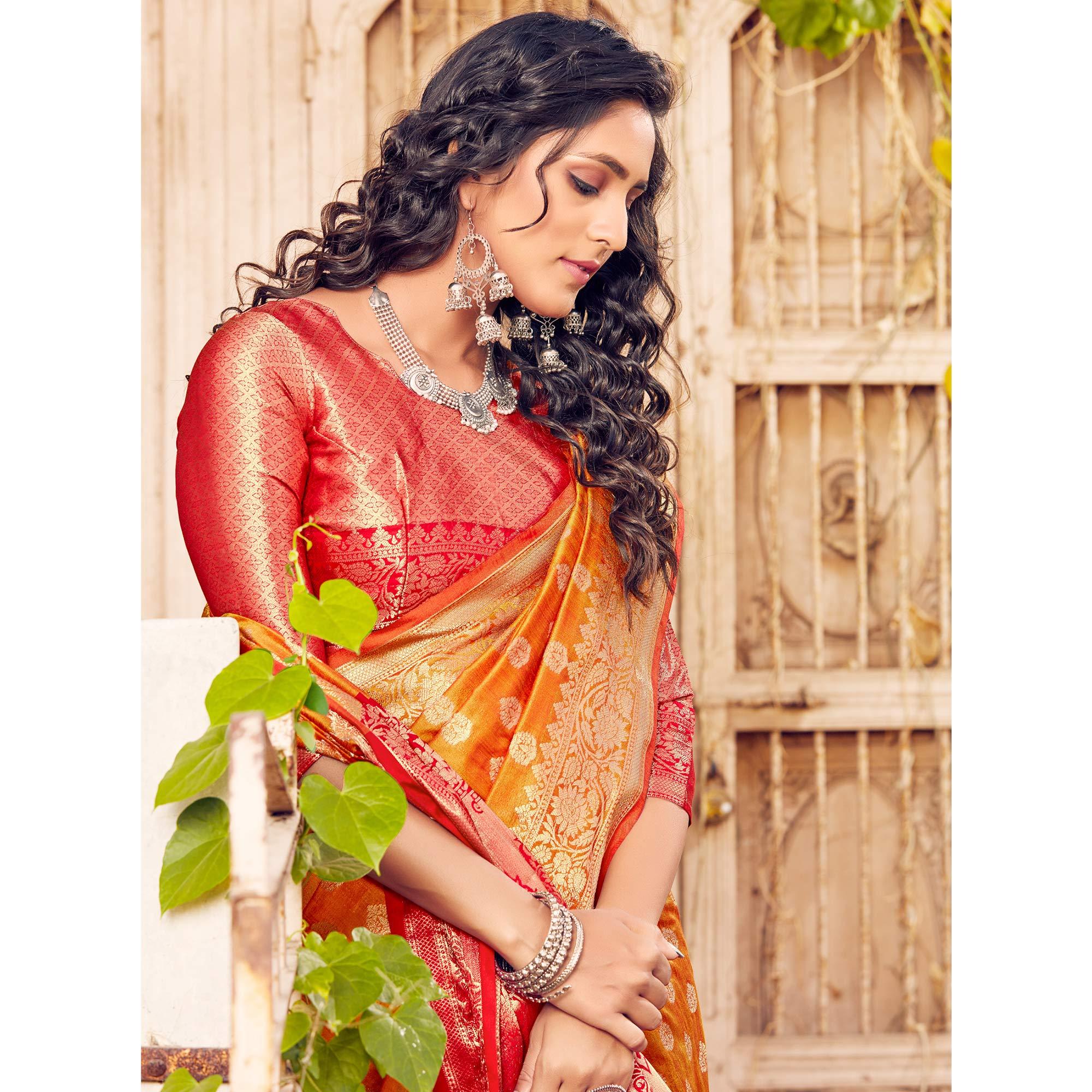 Glorious Orange Coloured Designer Partywear Weaving Silk Saree - Peachmode