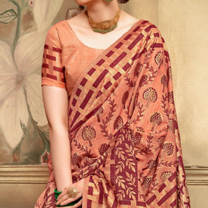 Glorious Peach Colored Festive Wear Woven Cotton Silk Saree - Peachmode