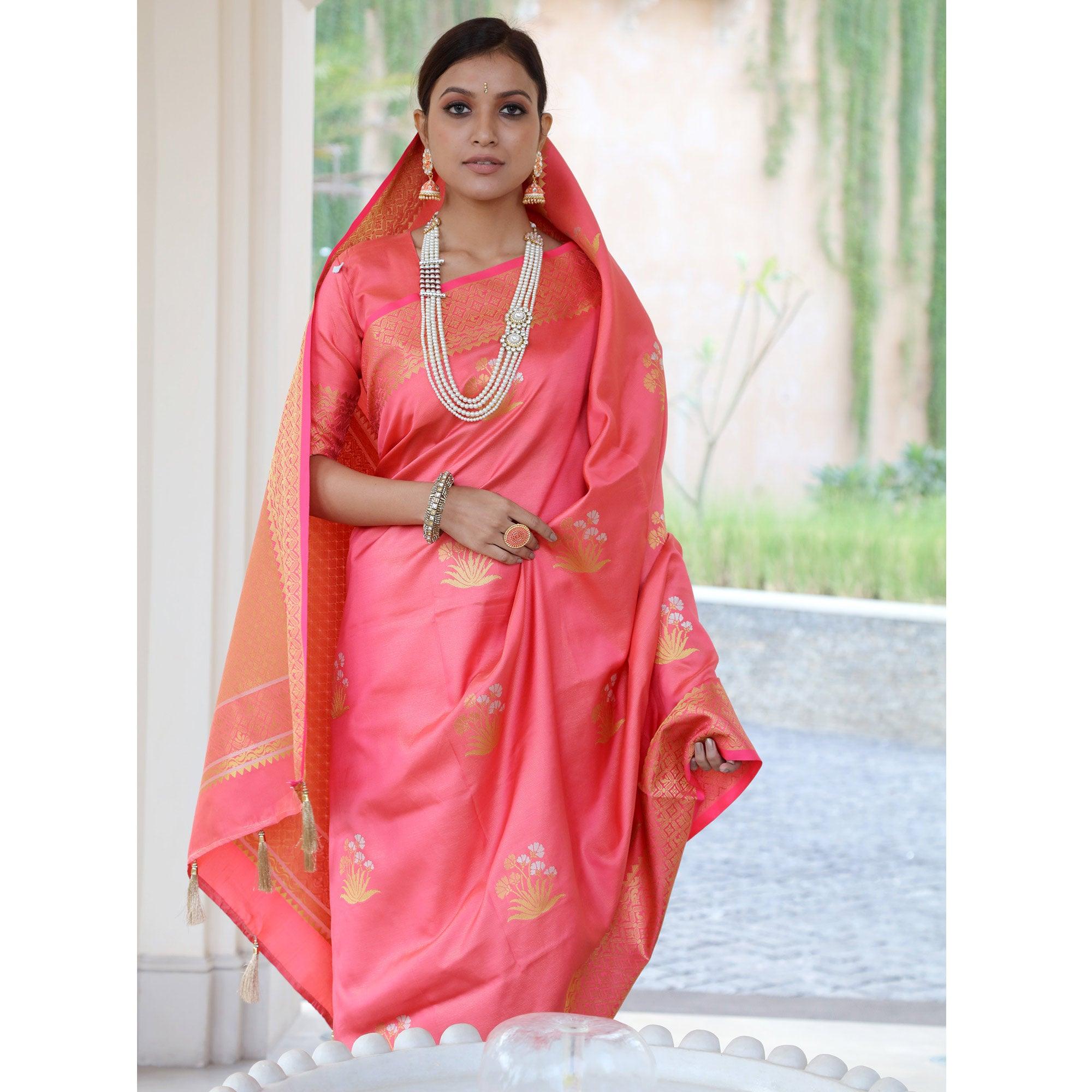 Glorious Peach Colored Festive Wear Woven Fancy Silk Saree - Peachmode