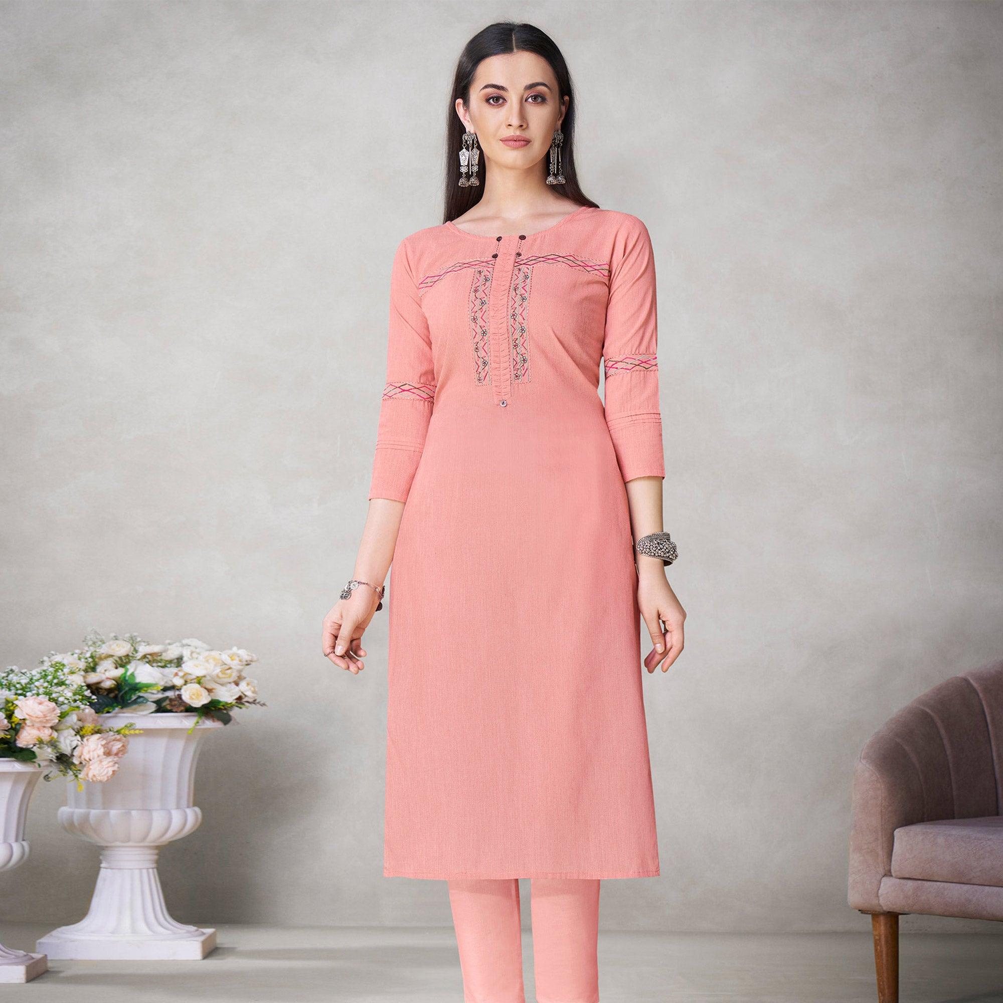 Glorious Peach Colored Partywear Embroidered Viscose Kurti - Peachmode