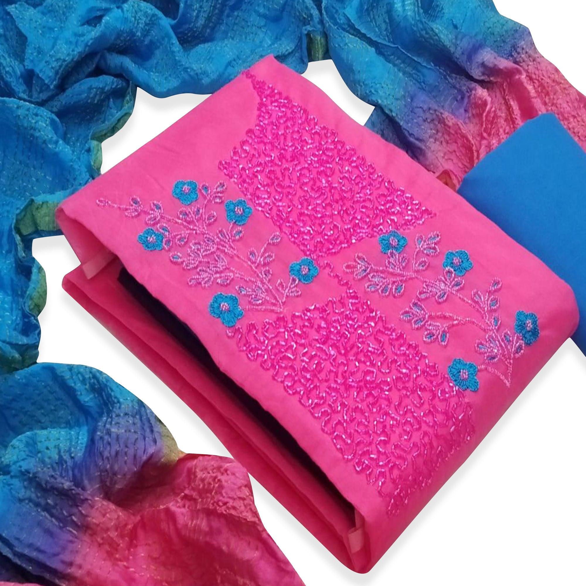 Glorious Pink Colored Casual Wear Embroidered Cotton Dress Material - Peachmode