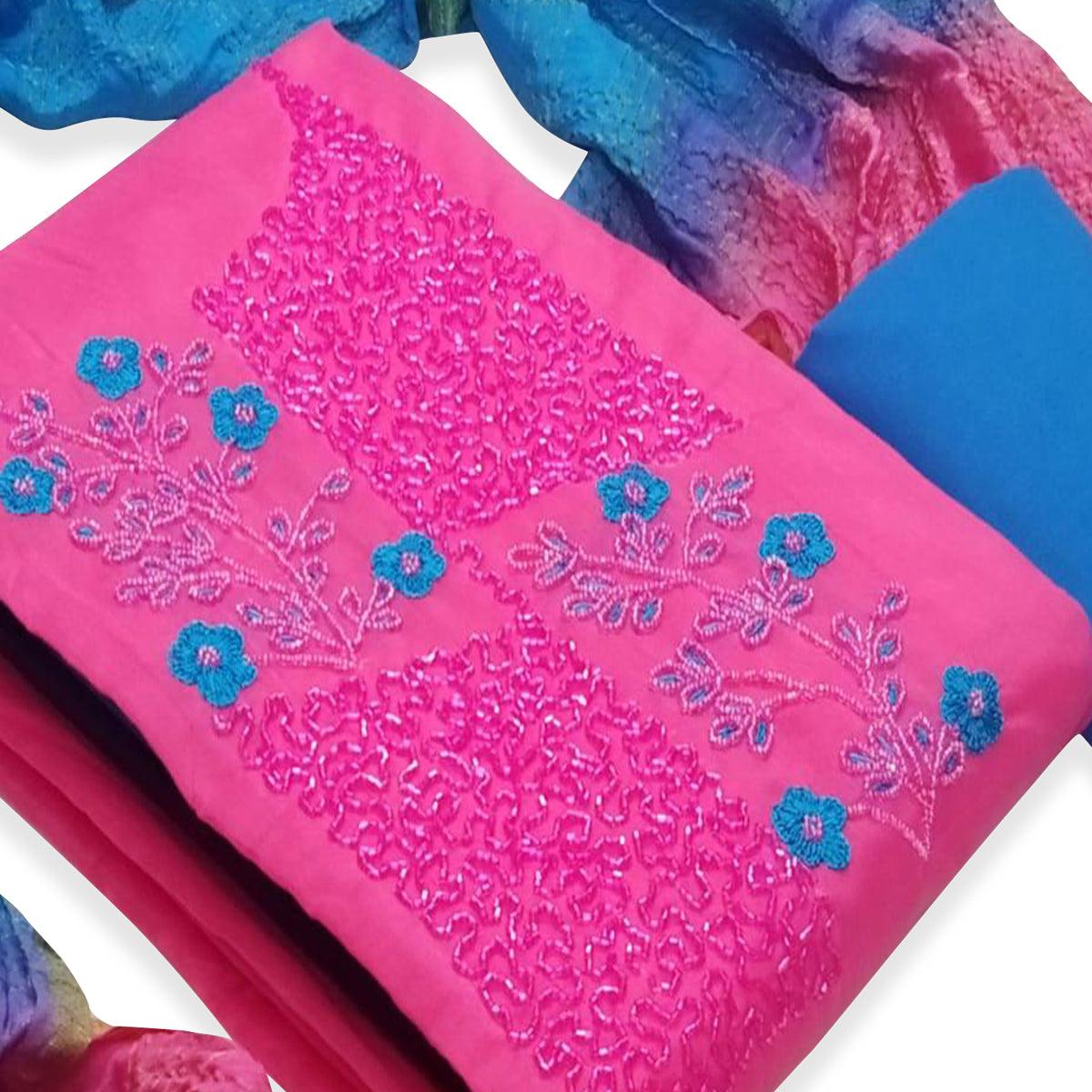 Glorious Pink Colored Casual Wear Embroidered Cotton Dress Material - Peachmode