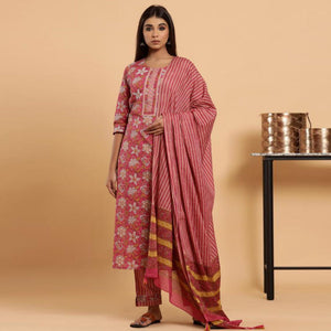 Glorious Pink Colored Casual Wear Printed Cotton Kurti - Palazzo Set With Dupatta - Peachmode