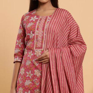 Glorious Pink Colored Casual Wear Printed Cotton Kurti - Palazzo Set With Dupatta - Peachmode