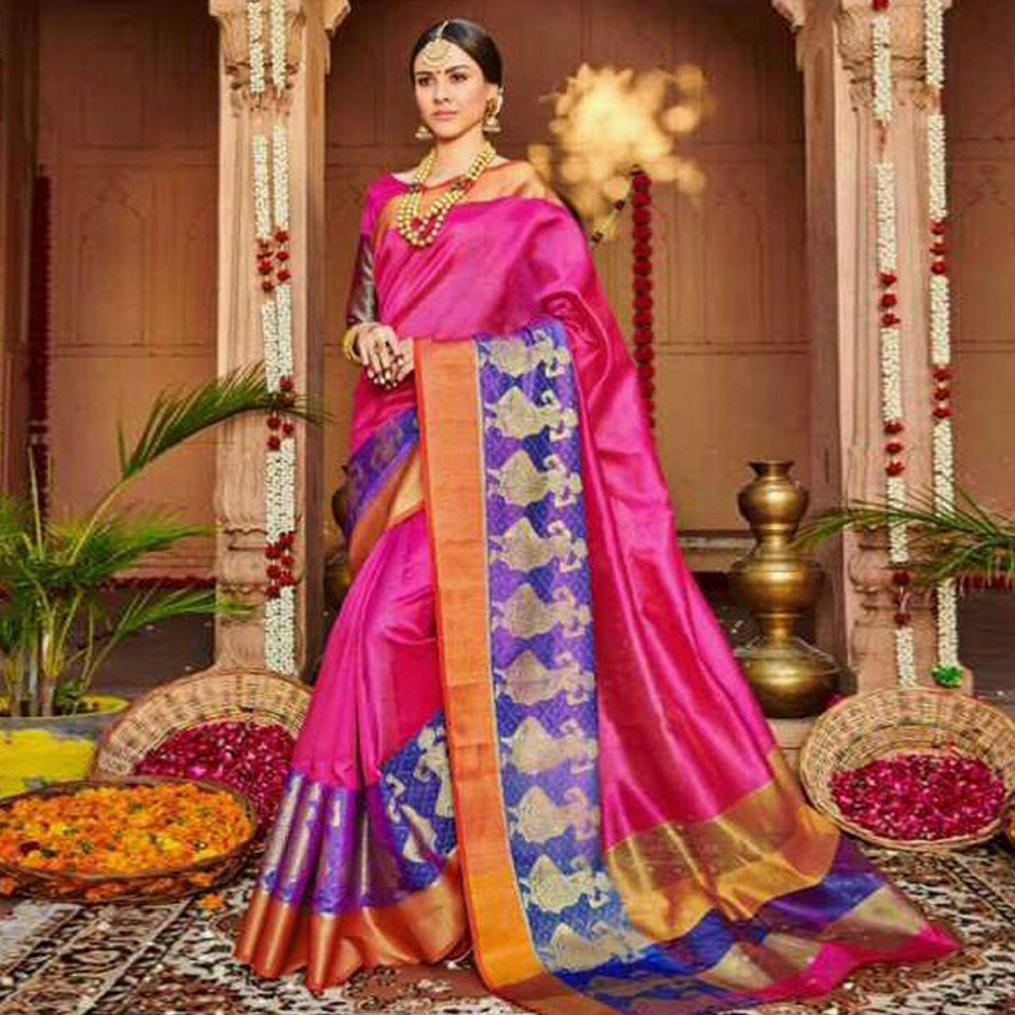 Glorious Pink Colored Festive Wear Woven Art Silk Saree - Peachmode