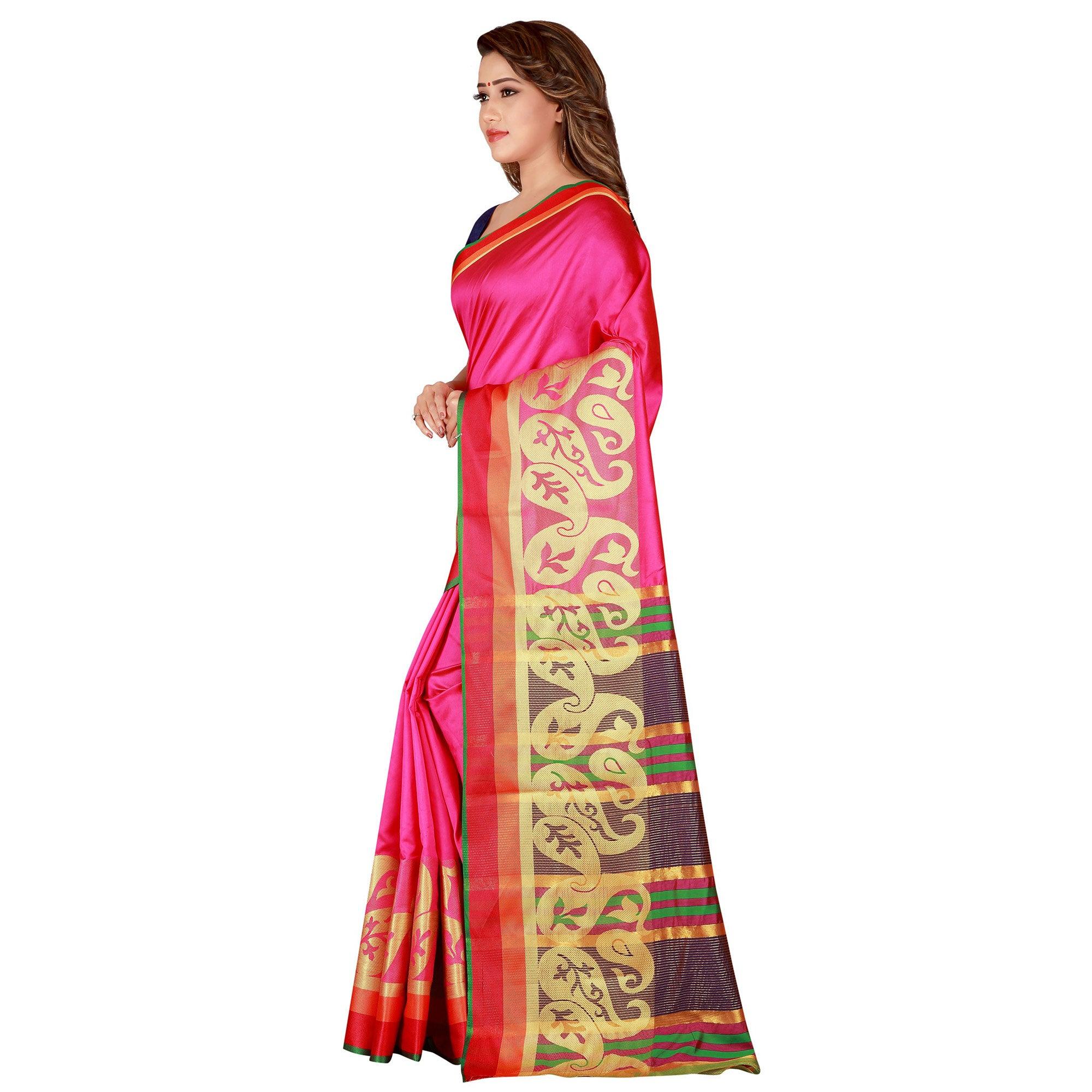 Glorious Pink Colored Festive Wear Woven Silk Saree - Peachmode