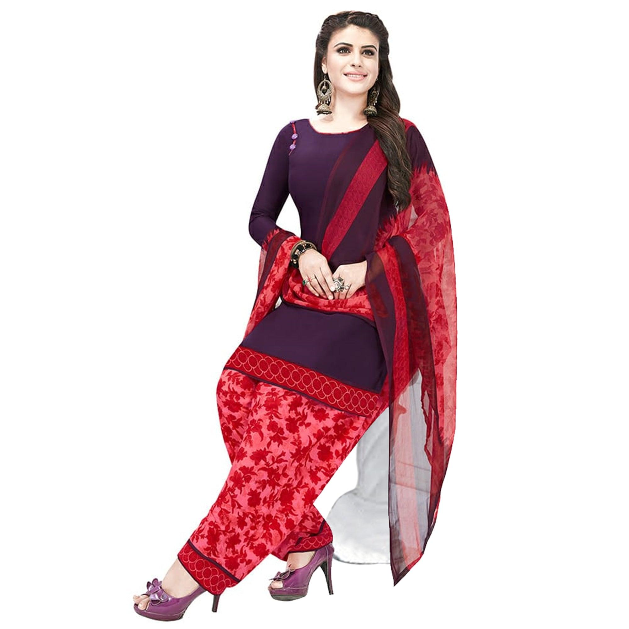 Glorious Purple Colored Casual Printed Crepe Patiala Dress Material - Peachmode