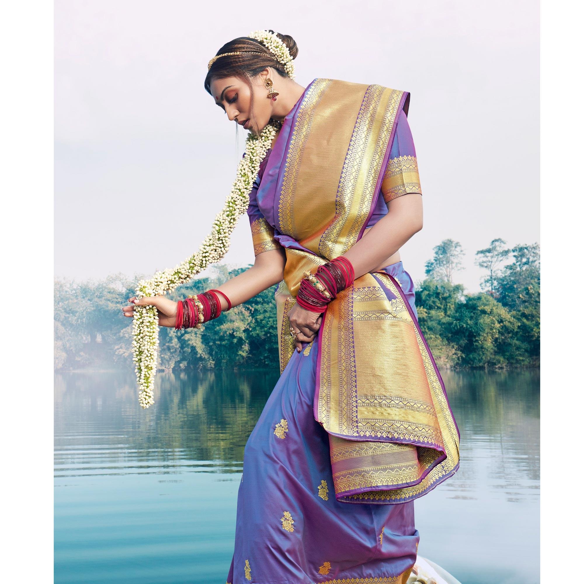 Glorious Purple Colored Festive Wear Woven Banarasi Silk Saree - Peachmode