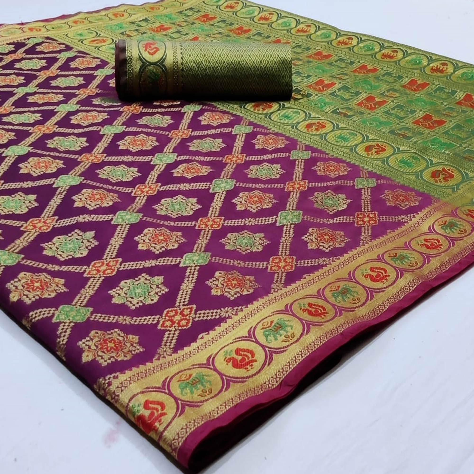 Glorious Purple Colored Festive Wear Woven Silk Saree - Peachmode