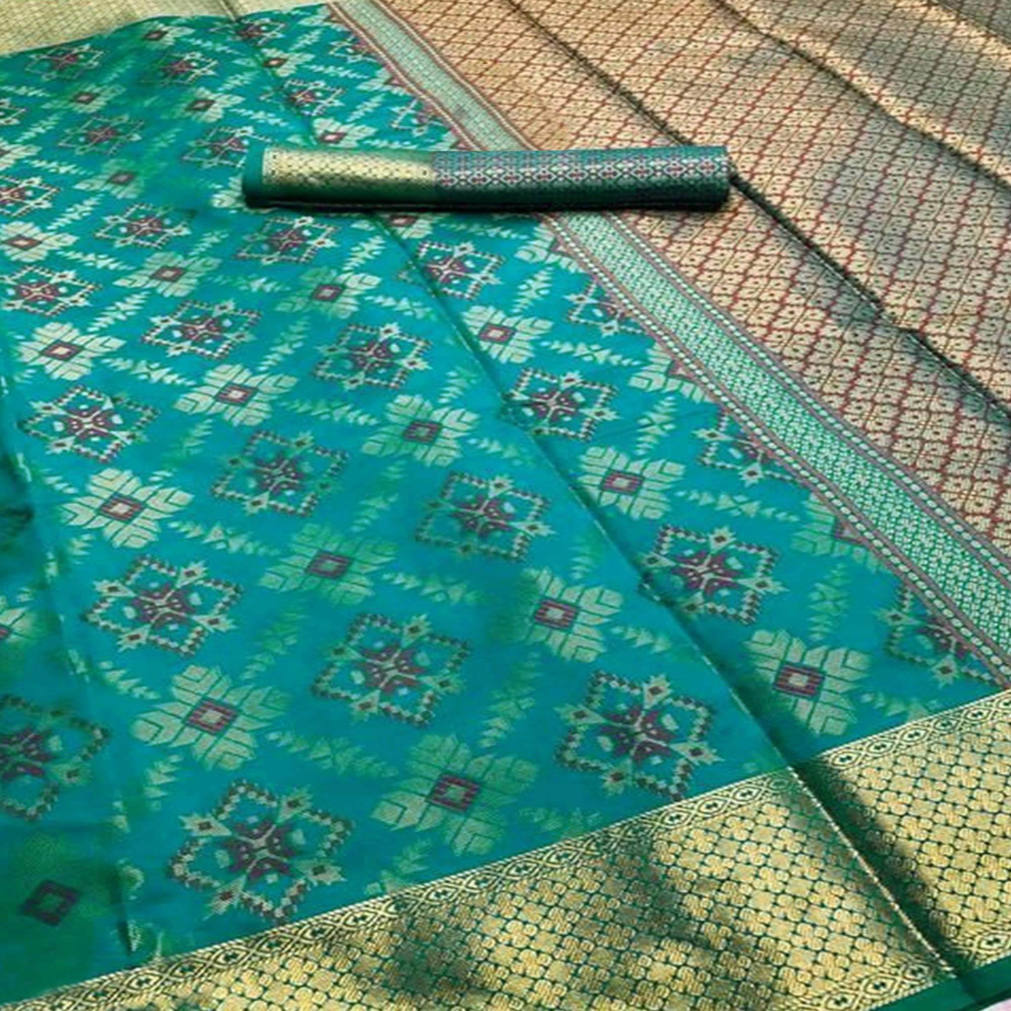 Glorious Rama Green Colored Festive Wear Woven Silk Saree - Peachmode