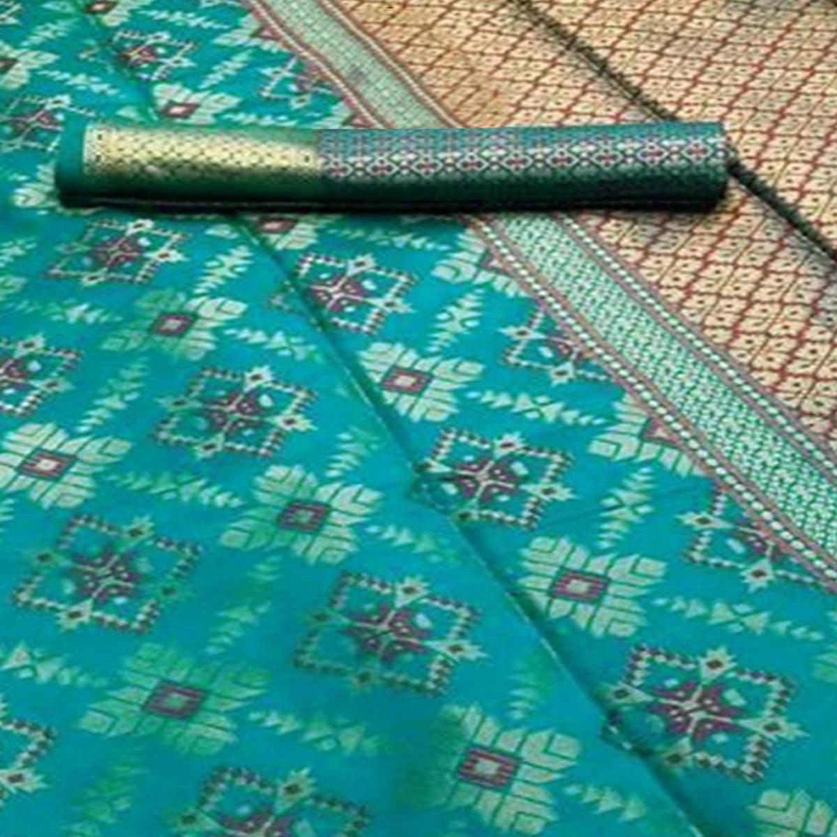 Glorious Rama Green Colored Festive Wear Woven Silk Saree - Peachmode