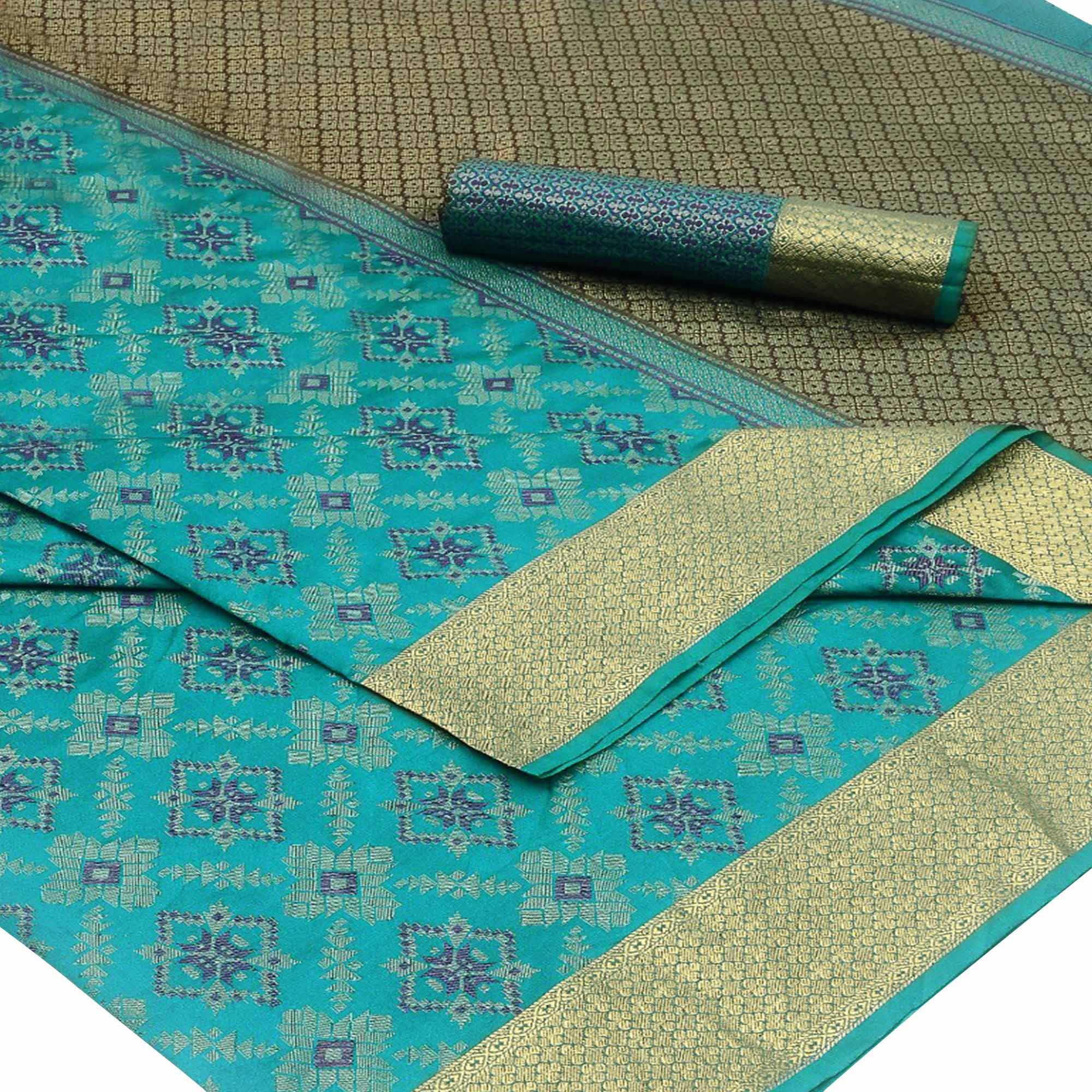 Glorious Rama Green Colored Festive Wear Woven Silk Saree - Peachmode