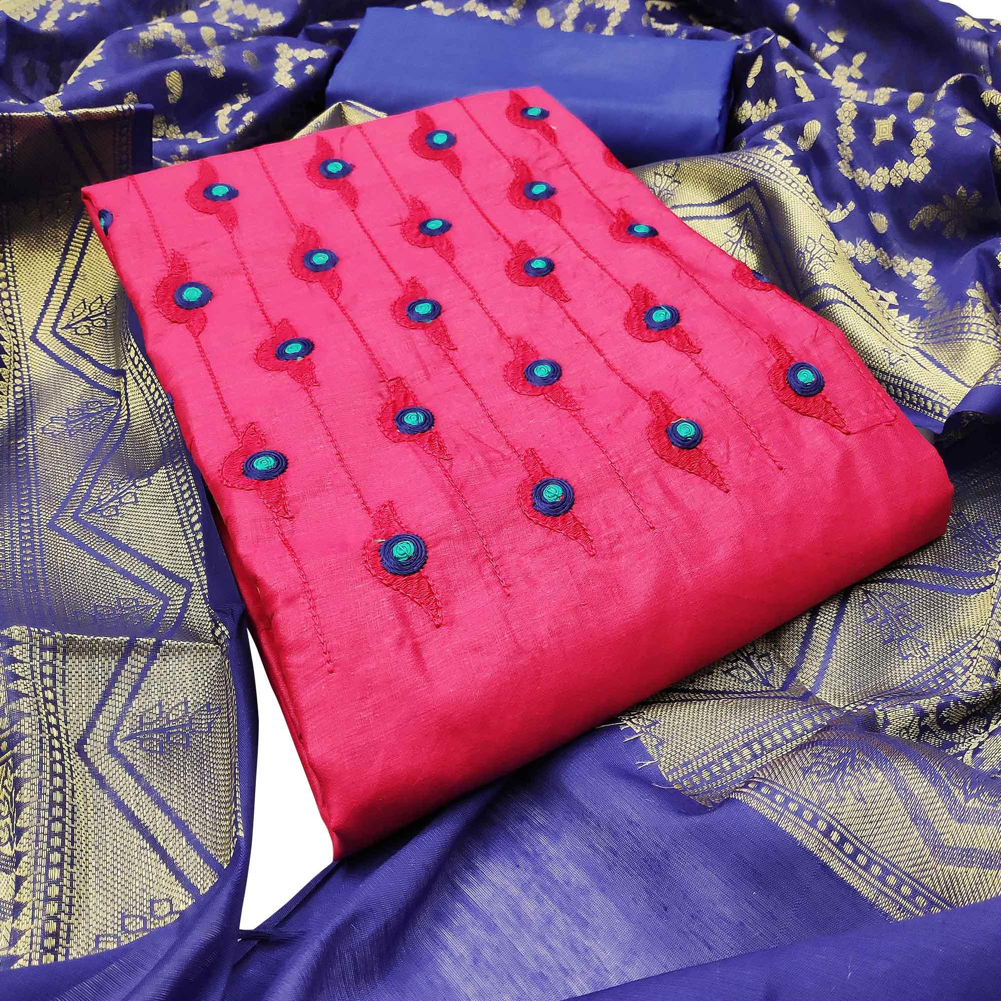 Glorious Rani Pink Colored Casual Wear Embroidered Cotton Dress Material With Banarasi Silk Dupatta - Peachmode