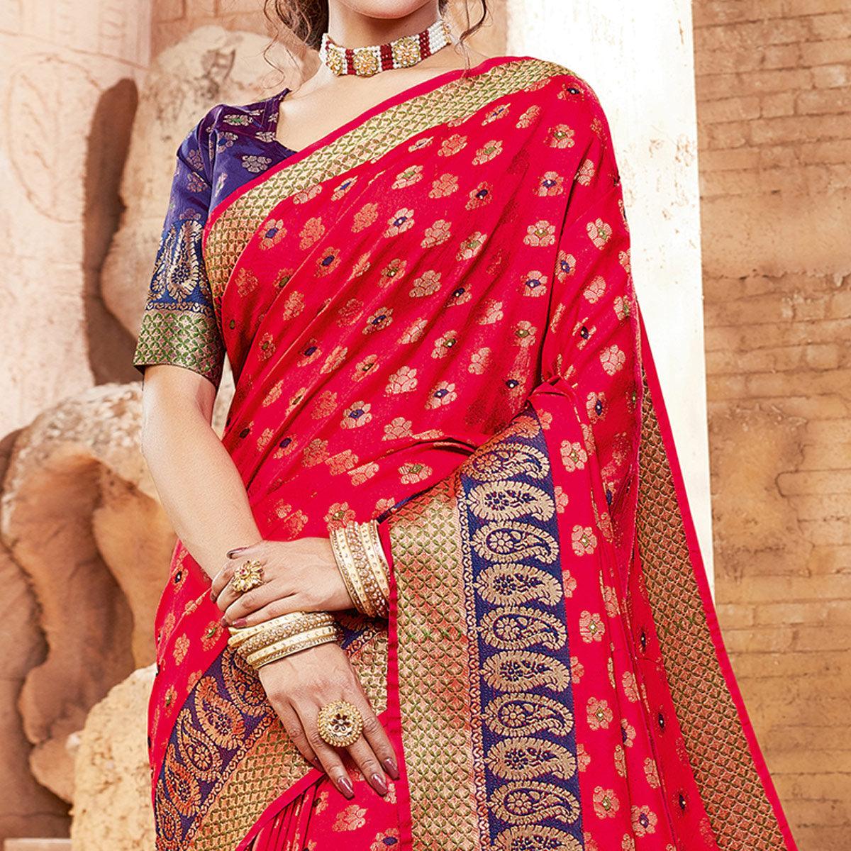 Glorious Red Colored Festive Wear Woven Handloom Silk Saree - Peachmode