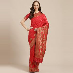 Glorious Red Colored Festive Wear Woven Silk Blend Saree - Peachmode