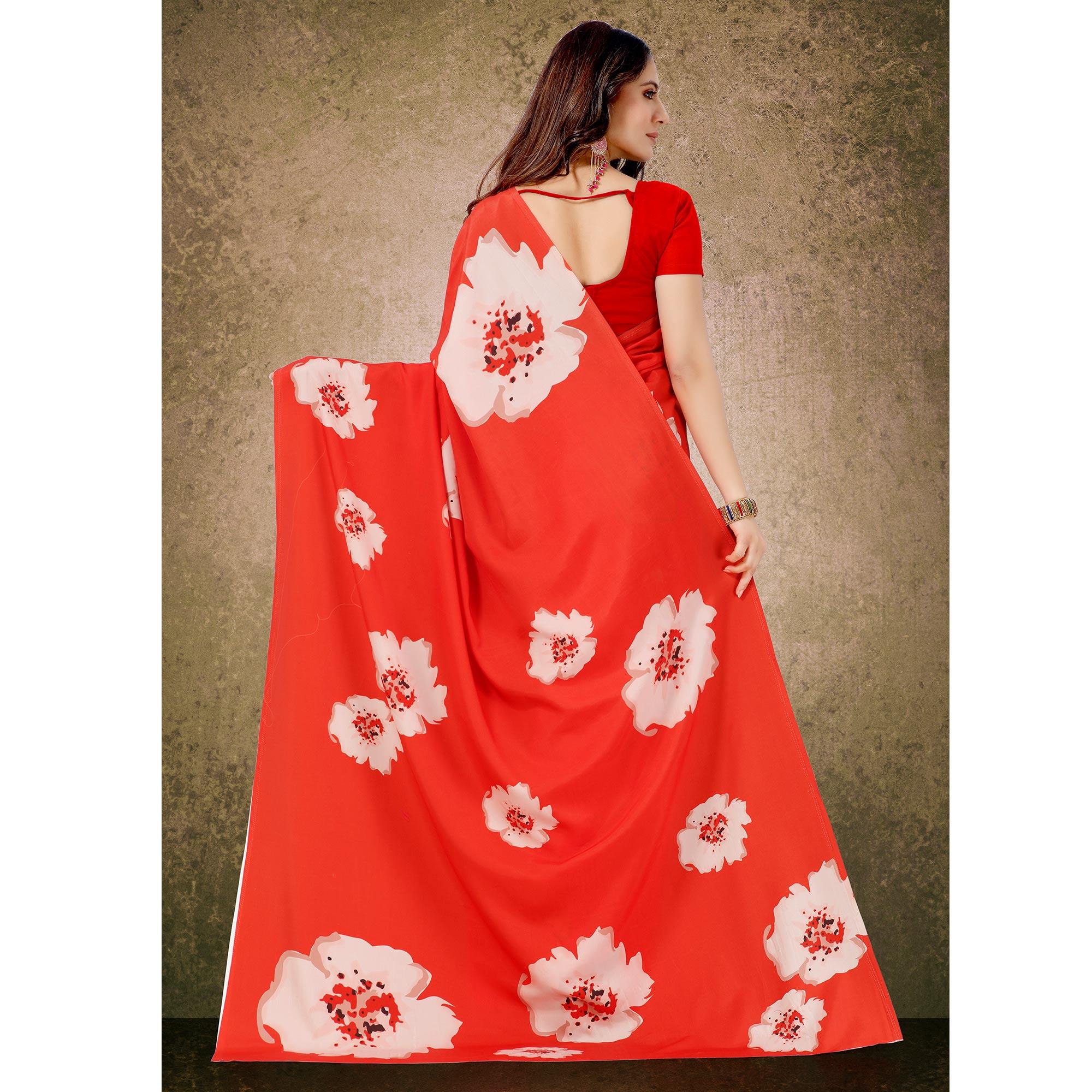 Glorious Red Floral Digital Print Casual Wear French Crepe Saree - Peachmode