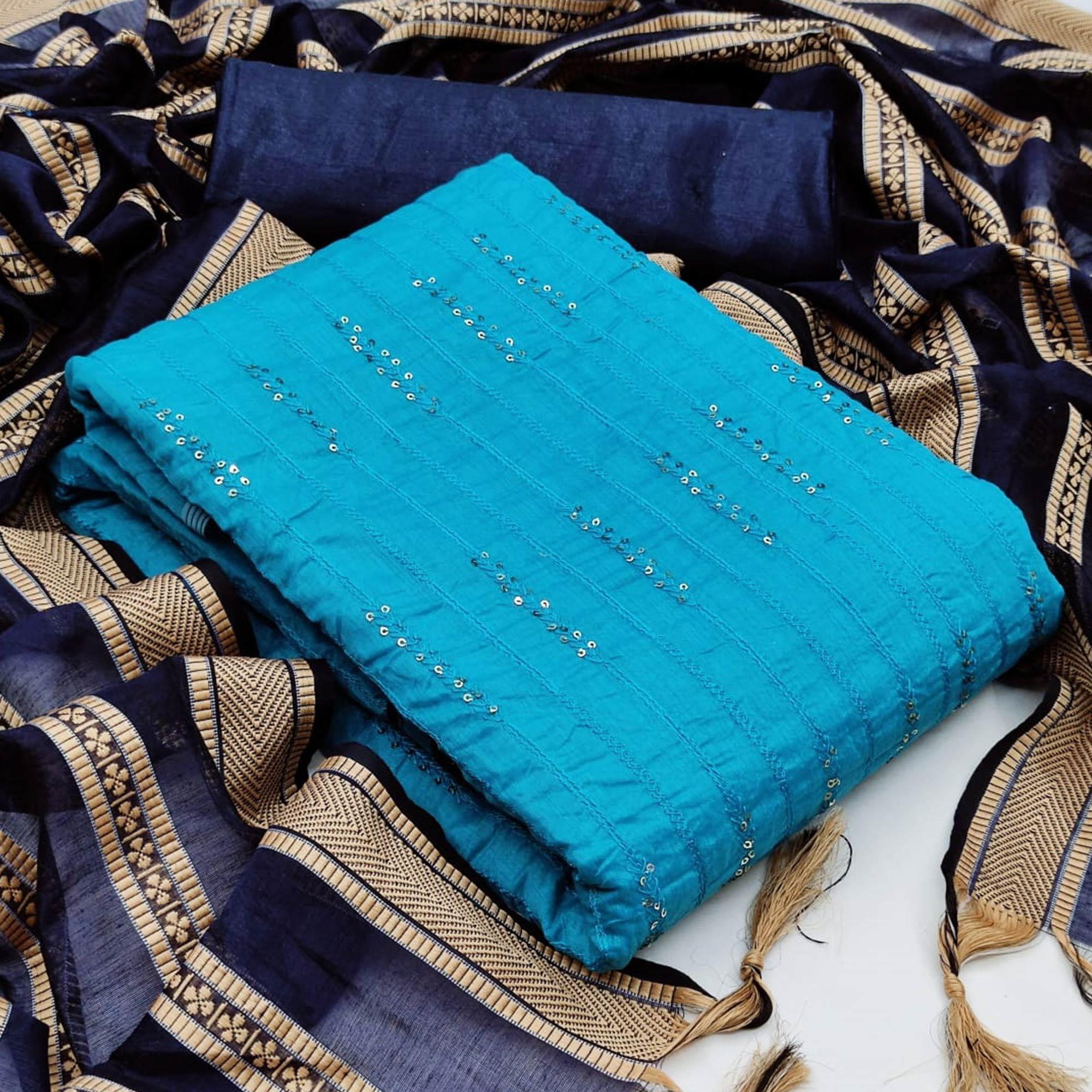 Glorious Sky Blue Colored Casual Wear Embroidered Chanderi Dress Material - Peachmode