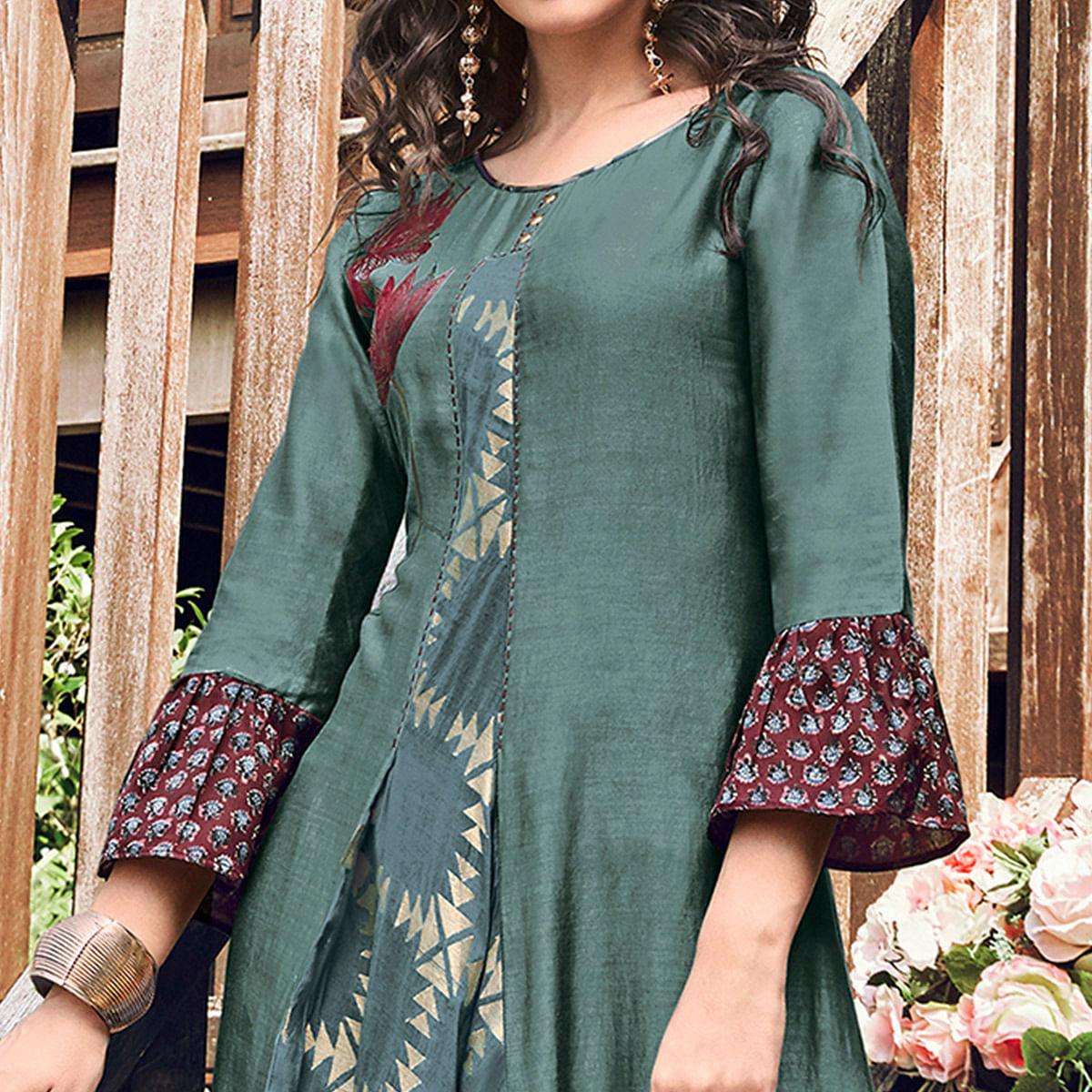 Glorious Teal Grey Colored Party Wear Printed Modal-Jacquard Long Kurti - Peachmode