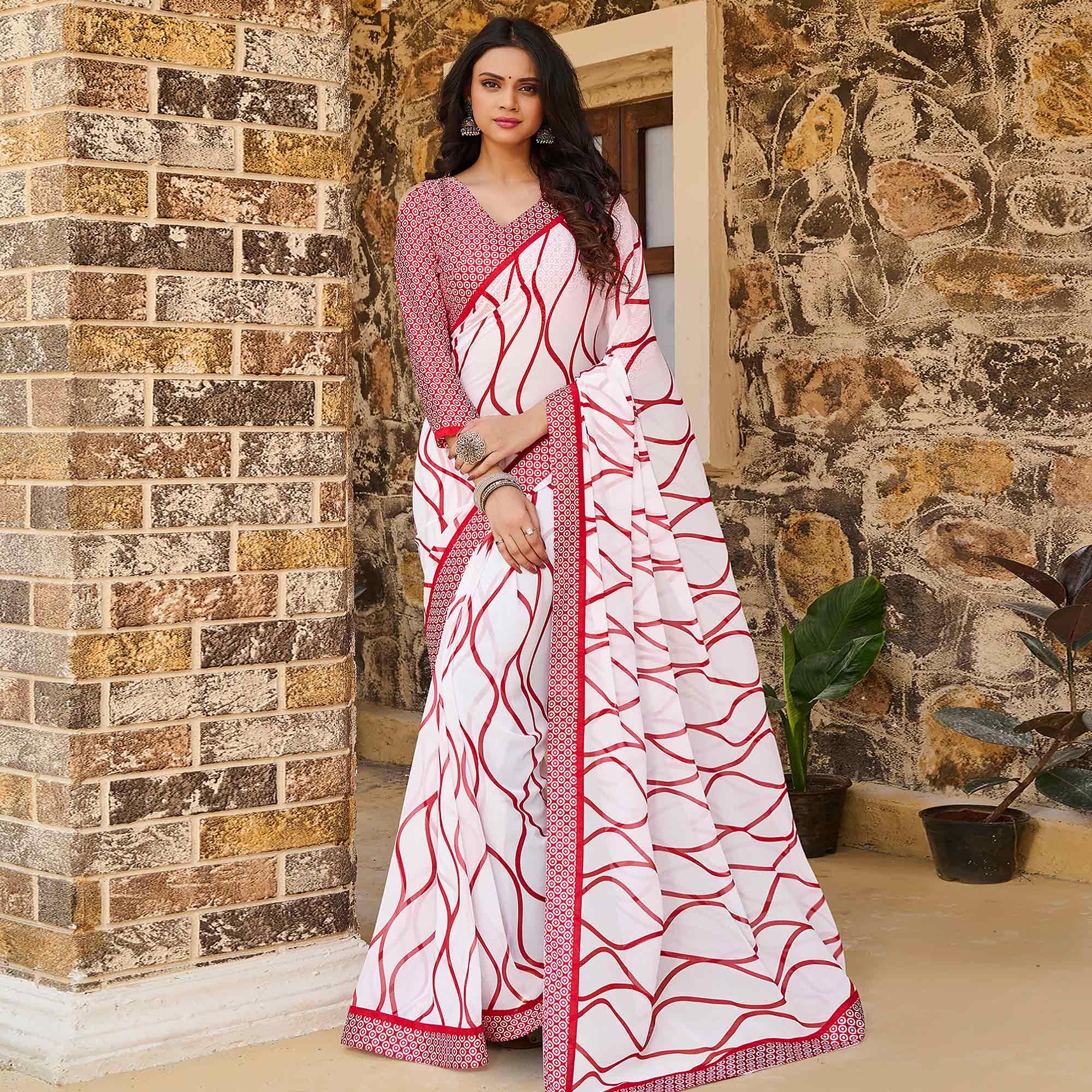 Glorious White - Red Colored Casual Wear Printed Satin Saree - Peachmode