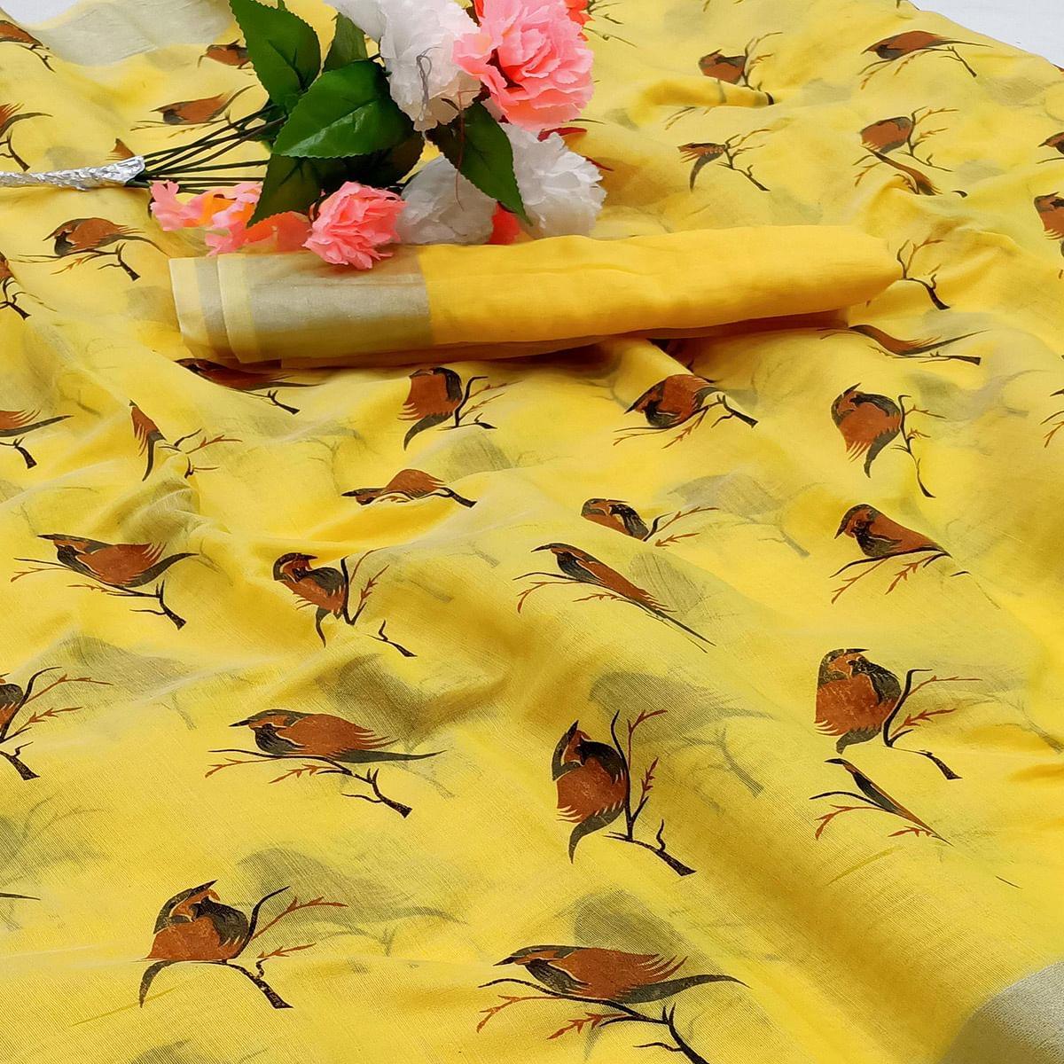 Glorious Yellow Colored Casual Wear Sparrow Block Printed Cotton Linen Saree - Peachmode