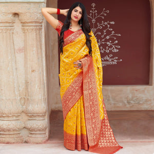 Glorious Yellow Colored Festive Wear Woven Banarasi Silk Saree - Peachmode