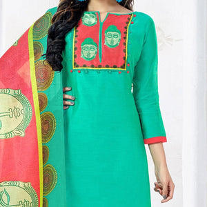 Glowing Aqua Green Colored Casual Printed Chanderi Dress Material - Peachmode