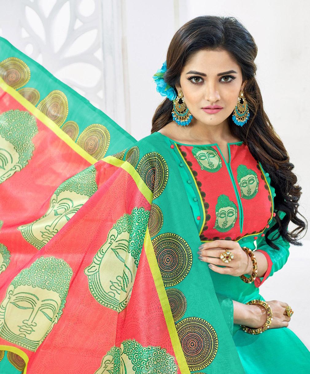 Glowing Aqua Green Colored Casual Printed Chanderi Dress Material - Peachmode