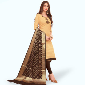Glowing Beige Colored Casual Wear Embroidered Cotton Dress Material With Banarasi Silk Dupatta - Peachmode