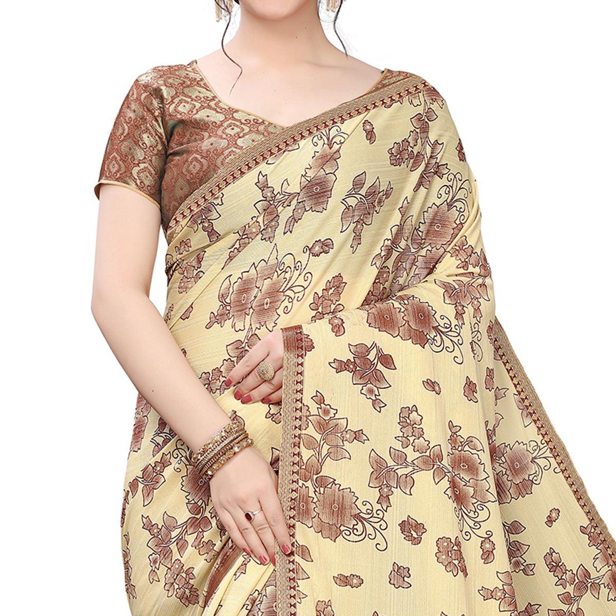 Glowing Beige Colored Casual Wear Printed Art Silk Saree - Peachmode