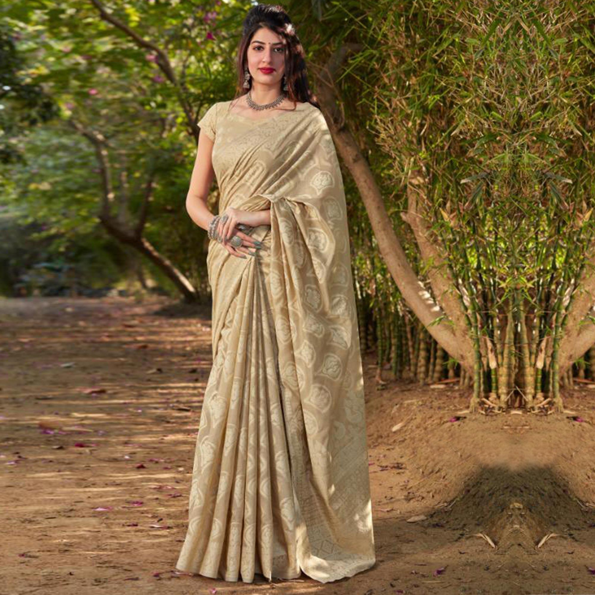 Glowing Beige Coloured Casual Wear Printed Cotton Silk - Peachmode