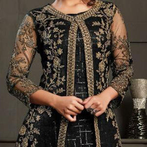 Glowing Black Coloured Party Wear Floral Embroidered Butterfly Net Pakistani Straight Suit - Peachmode