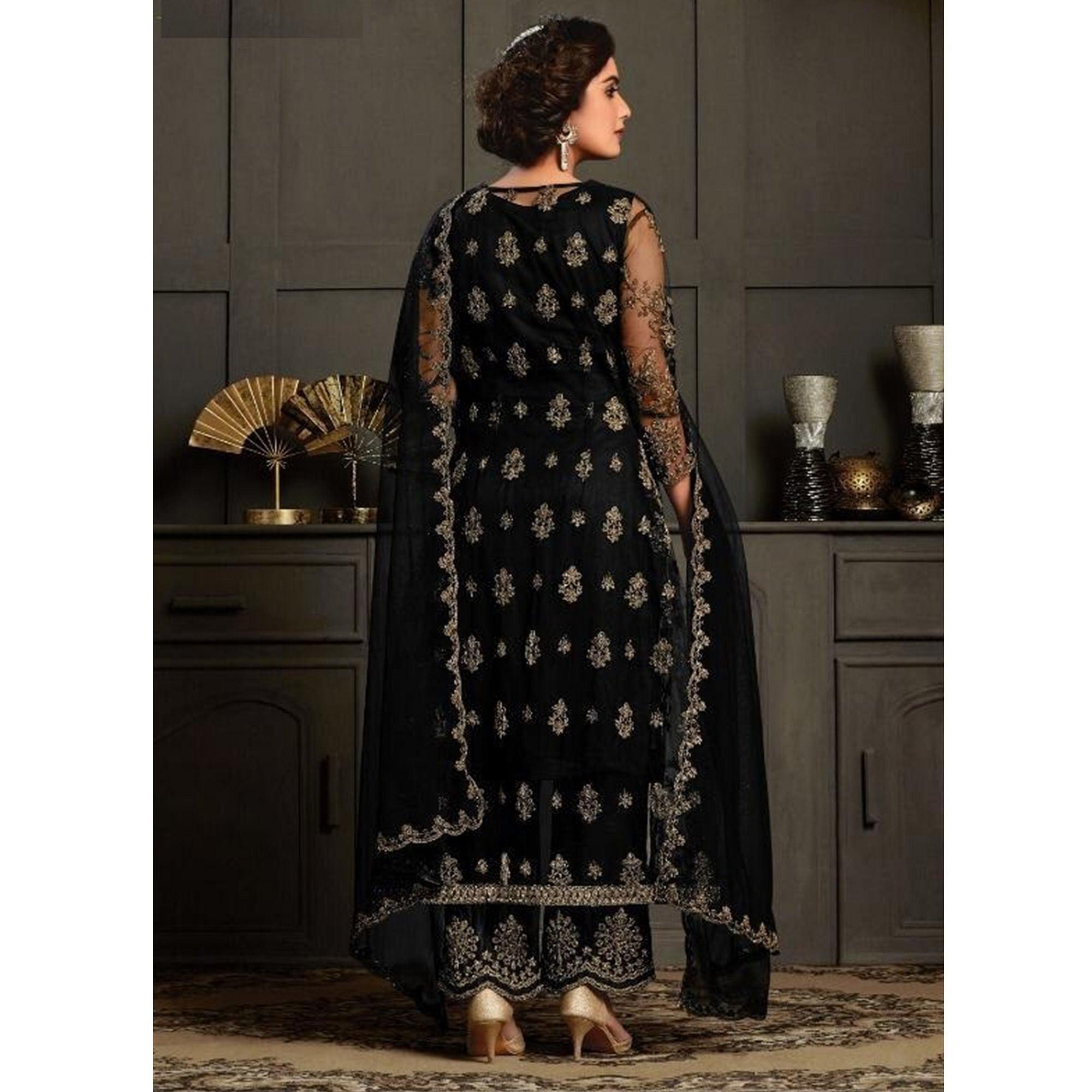 Glowing Black Coloured Party Wear Floral Embroidered Butterfly Net Pakistani Straight Suit - Peachmode