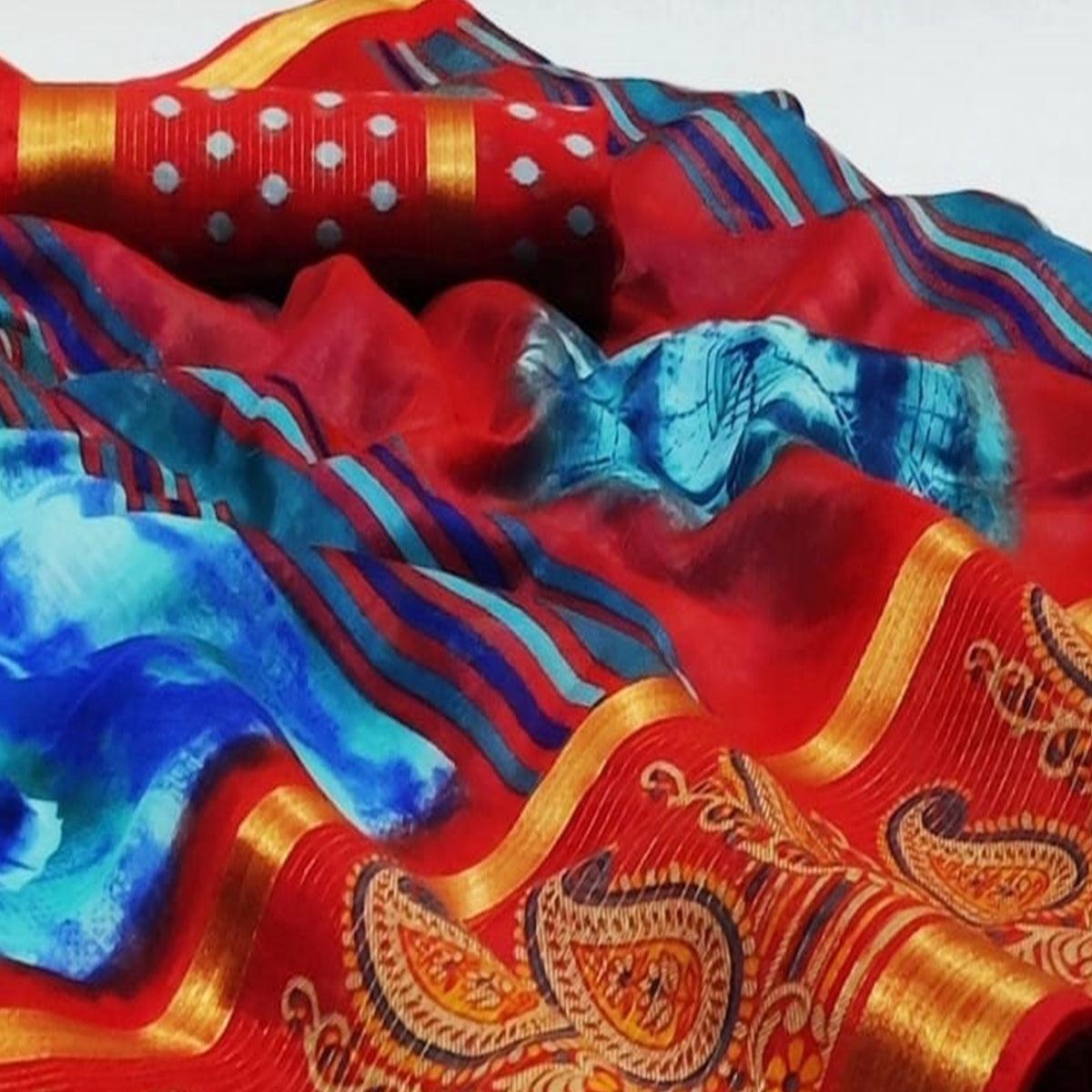 Glowing Blue Colored Casual Wear Printed Cotton Saree - Peachmode