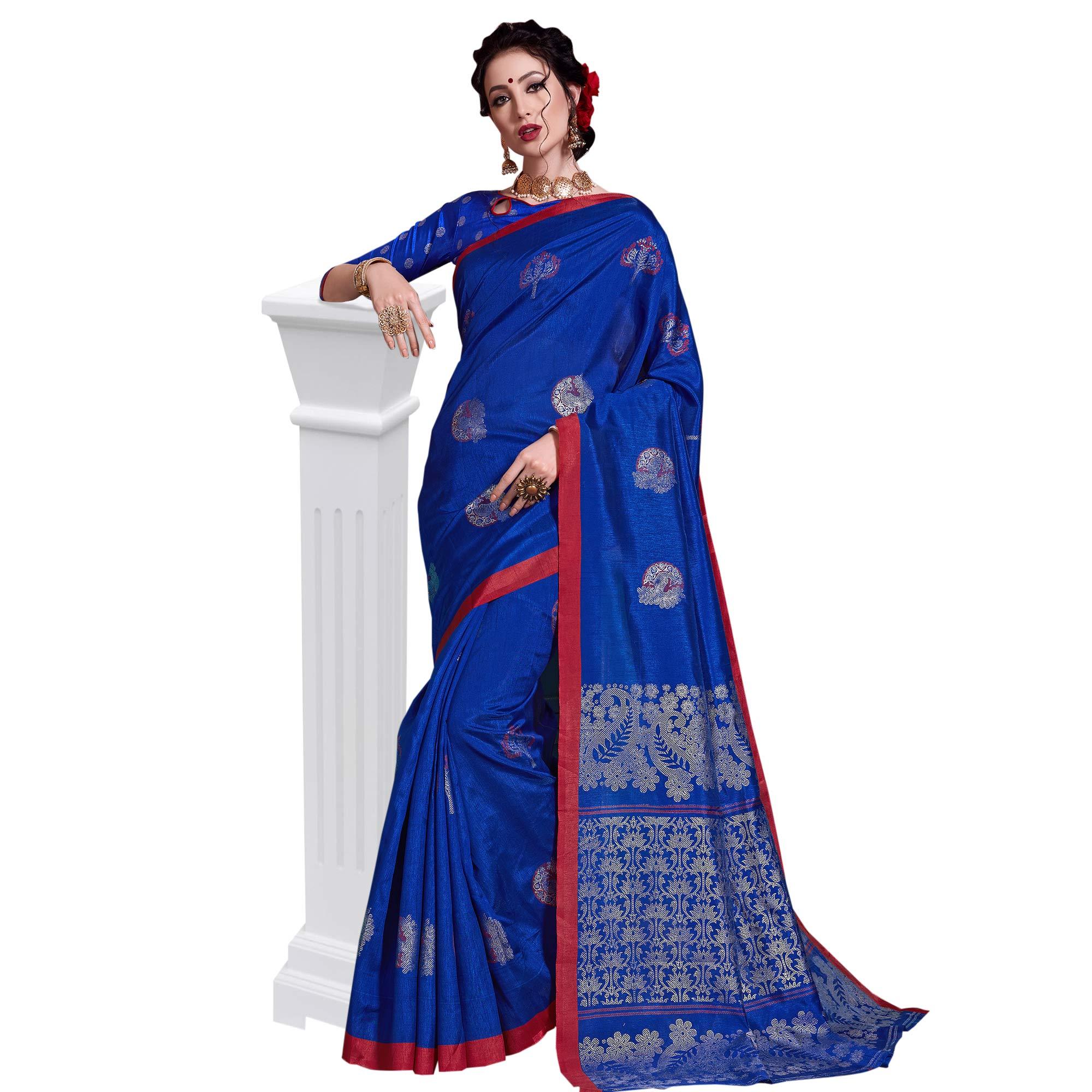 Glowing Blue Colored Festive Wear Printed Art Silk Saree - Peachmode