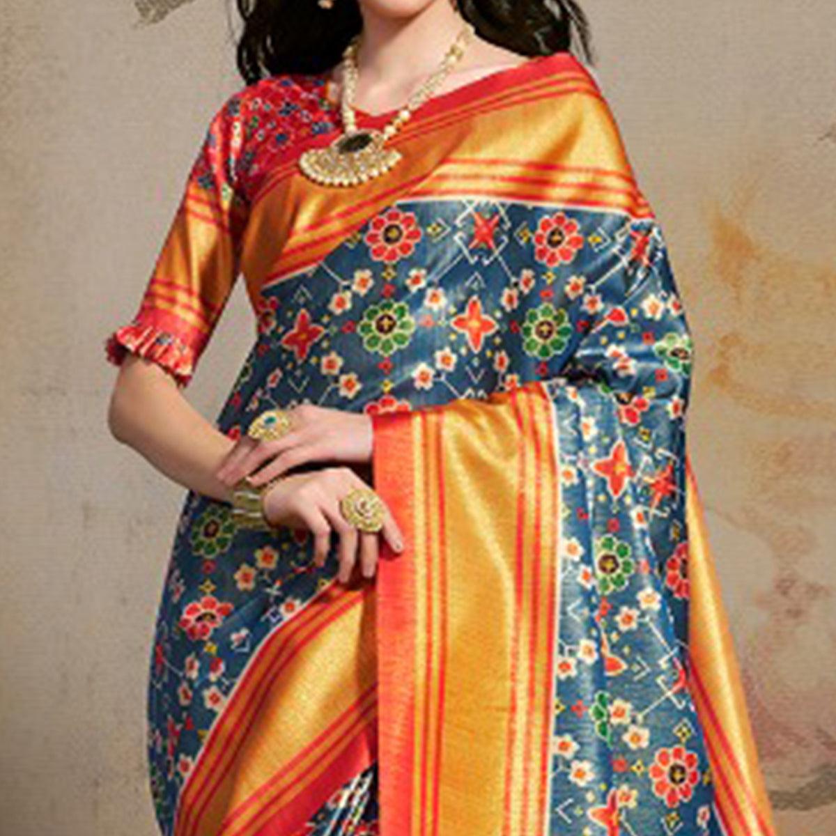 Glowing Blue Colored Festive Wear Printed Silk Blend Saree With Tassels - Peachmode