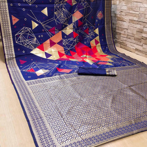 Glowing Blue Colored Festive Wear Woven Banarasi Silk Saree - Peachmode