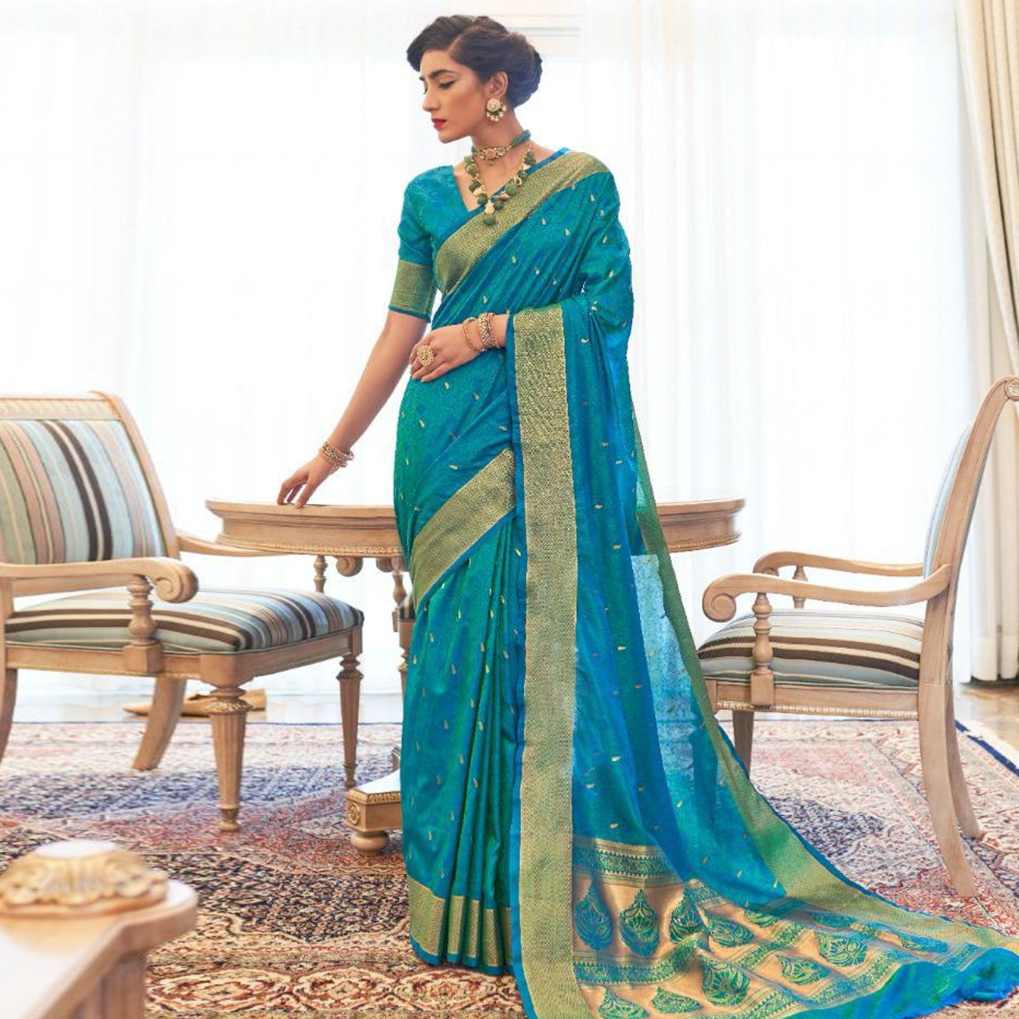 Glowing Blue Colored Festive Wear Woven Pure Kanjivaram Silk Saree - Peachmode