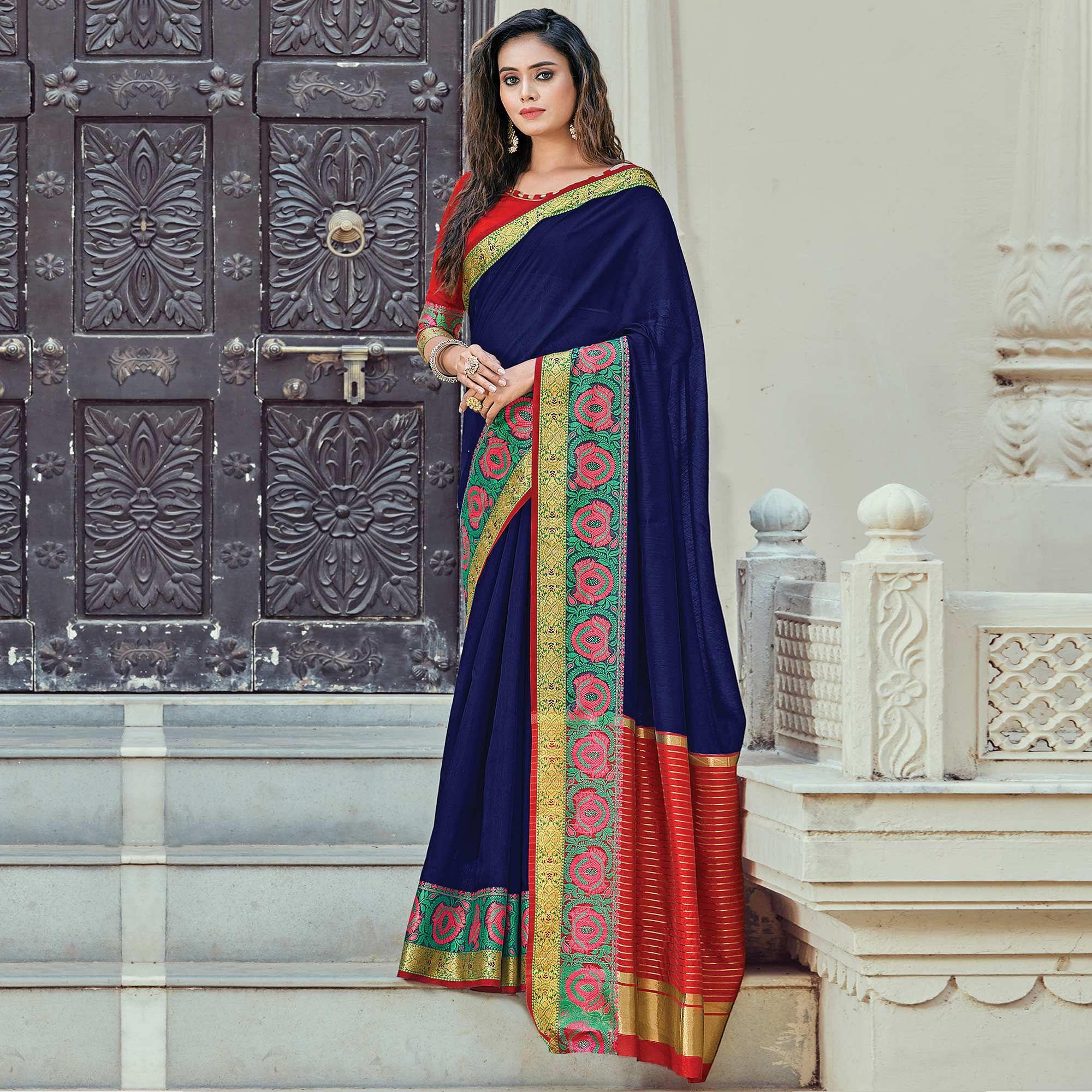 Glowing Blue Coloured Casual Wear Woven Cotton Handloom Saree - Peachmode