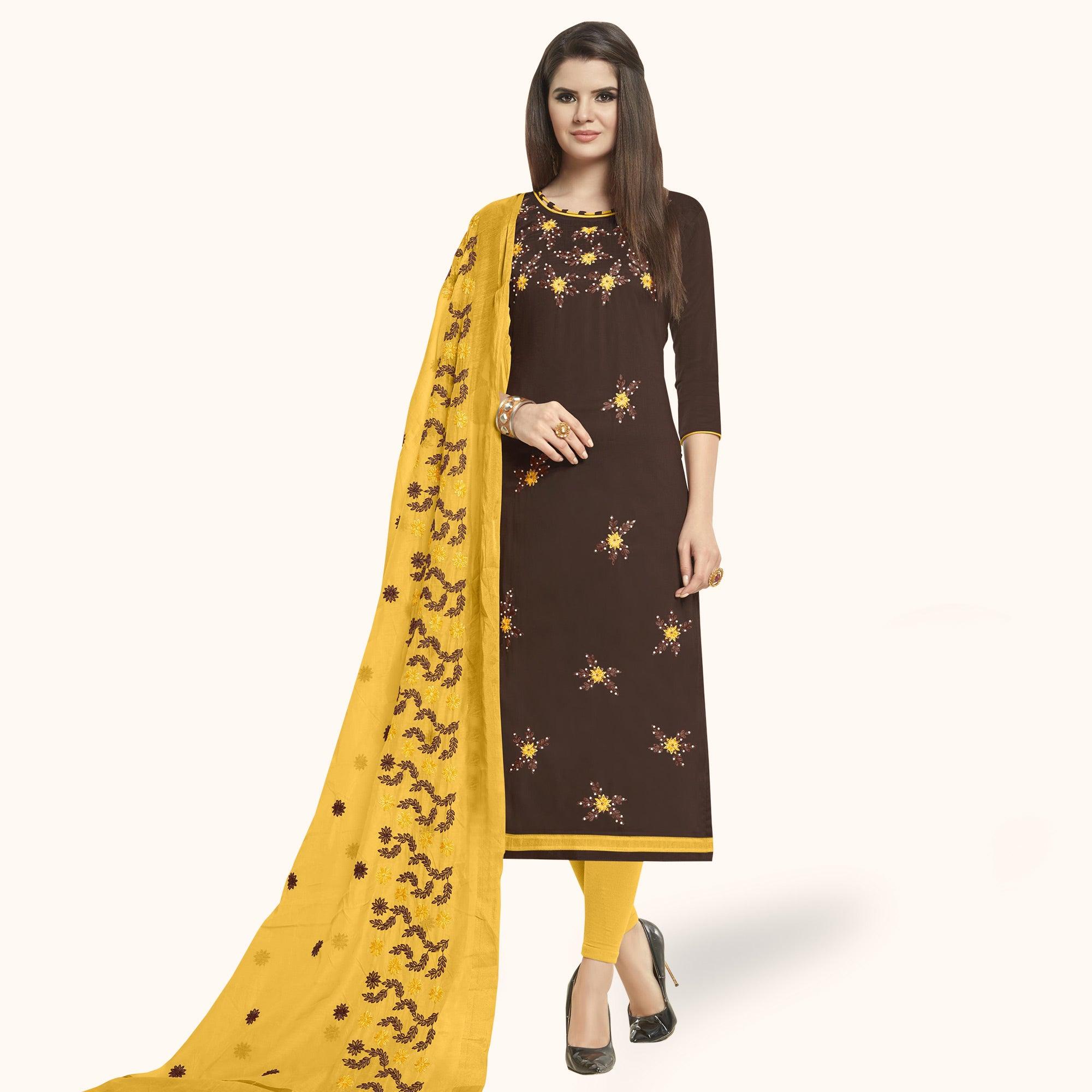Glowing Brown Colored Casual Wear Embroidered Cotton Dress Material - Peachmode