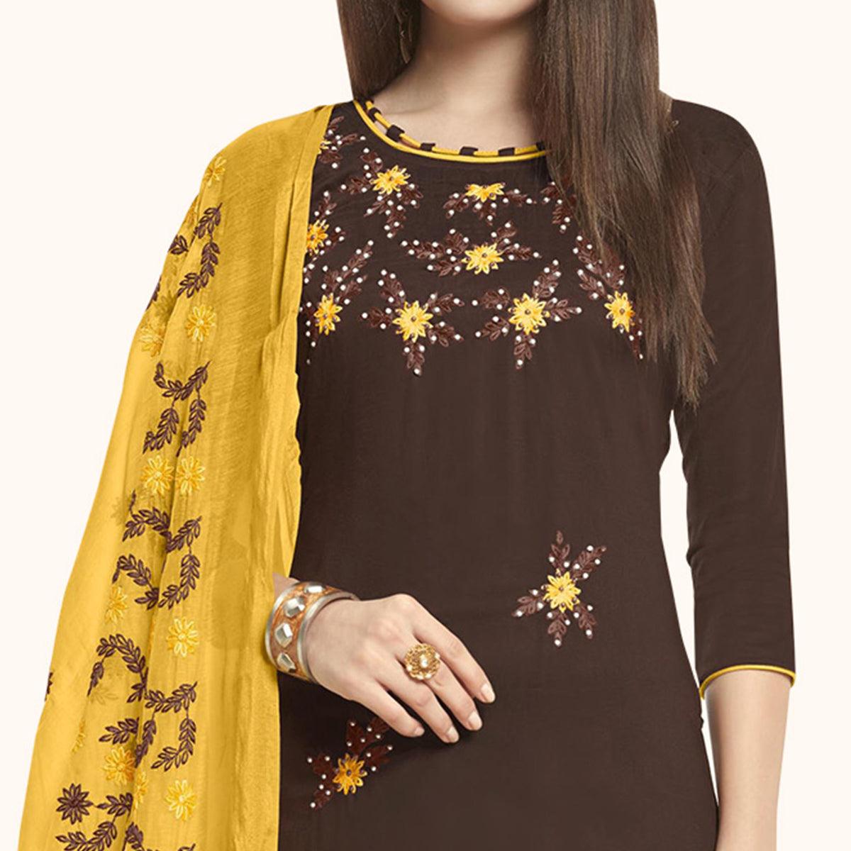 Glowing Brown Colored Casual Wear Embroidered Cotton Dress Material - Peachmode
