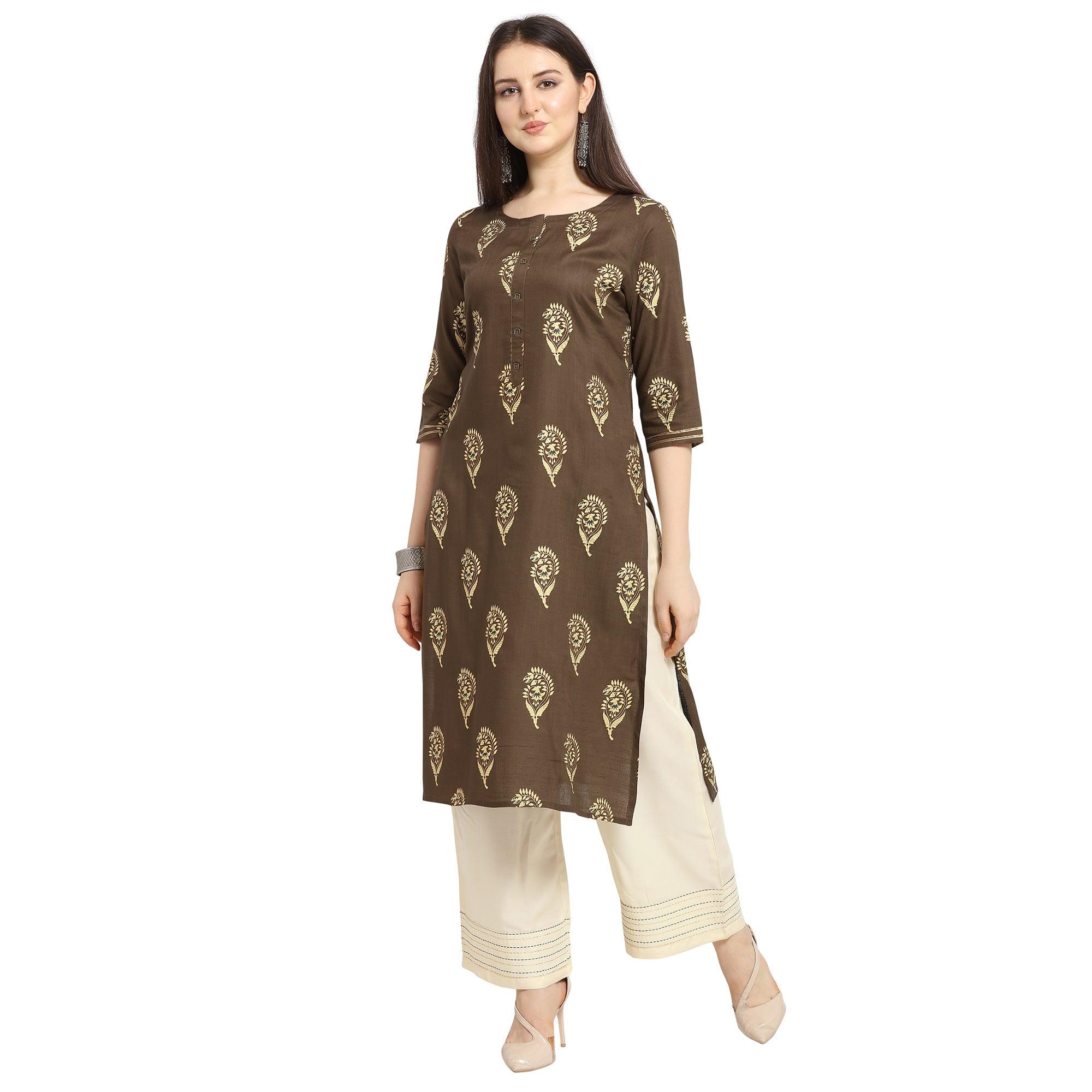 Glowing Brown Colored Casual Wear Printed Cotton Kurti-Palazzo Suit - Peachmode