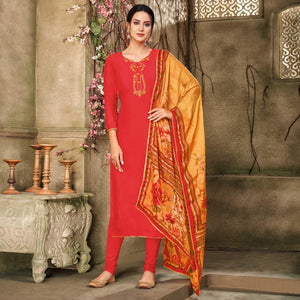 Glowing Coral Red Colored Casual Wear Embroidered Chanderi Dress Material - Peachmode