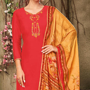 Glowing Coral Red Colored Casual Wear Embroidered Chanderi Dress Material - Peachmode