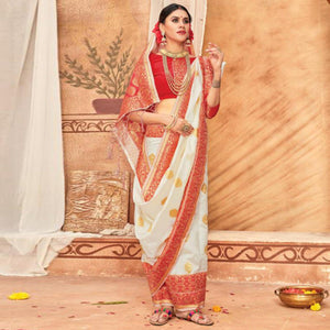 Glowing Cream & Red Colored Festive Wear Woven Silk Blend Saree With Tassels - Peachmode