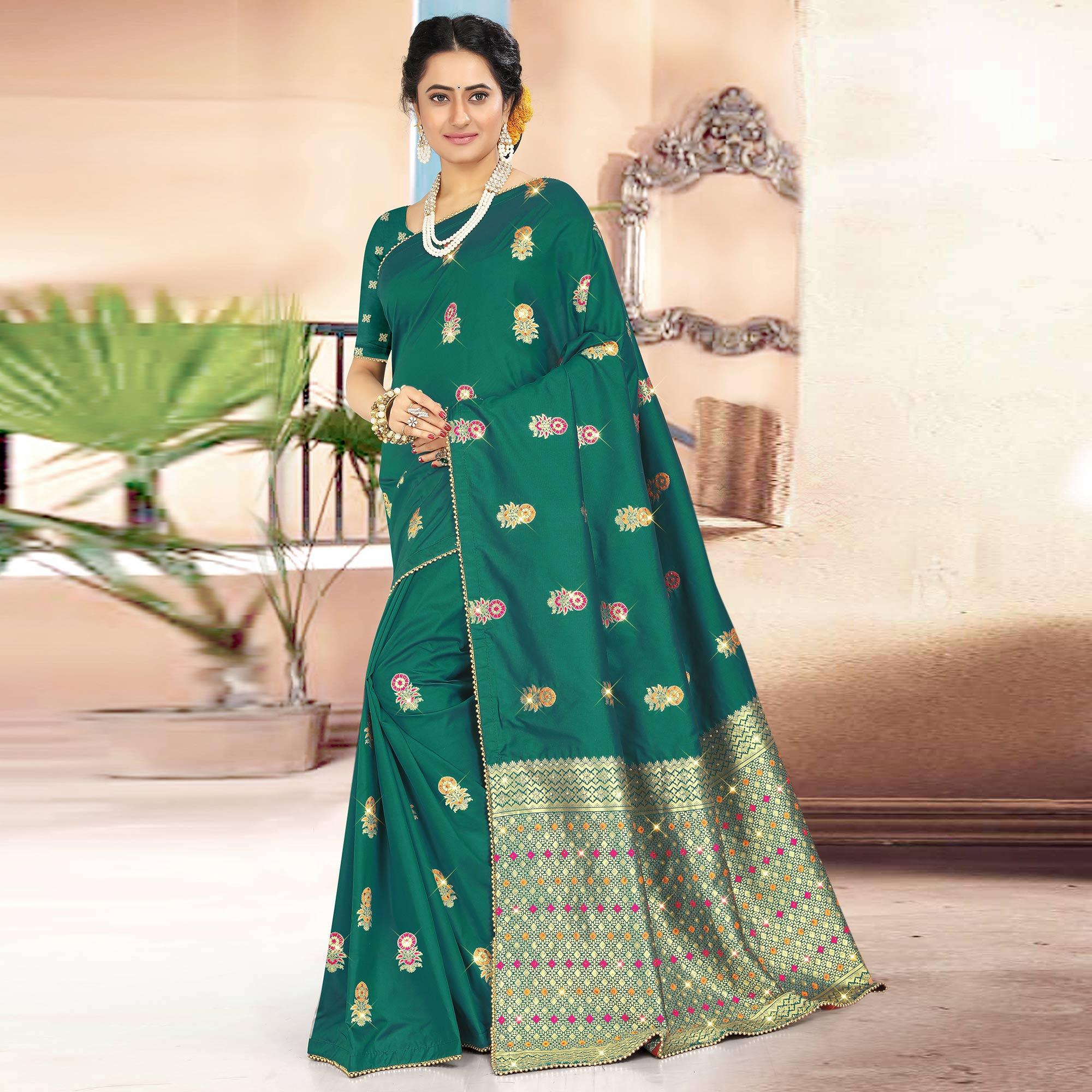 Glowing Dark Green Colored Festive Wear Woven Banarasi Silk Saree - Peachmode